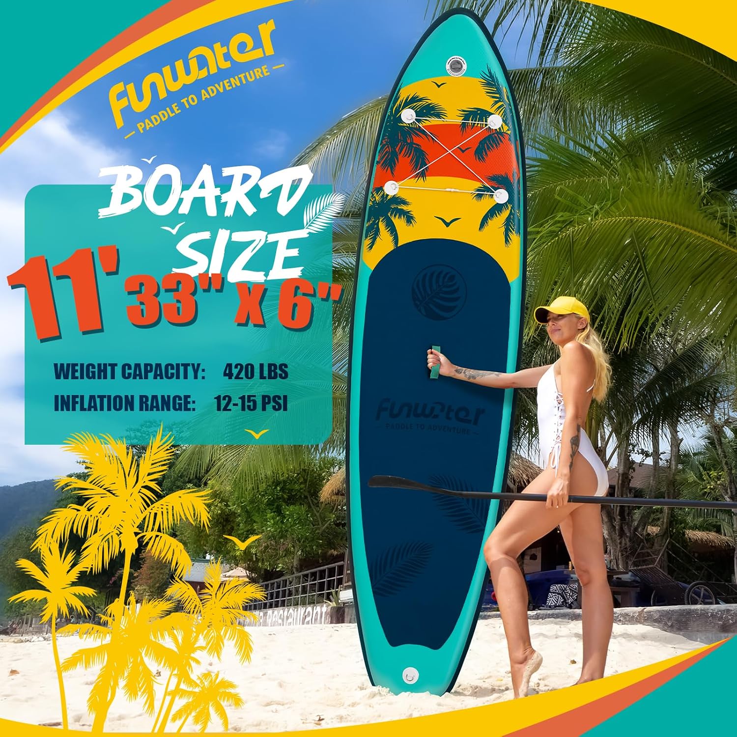 Thumbnail 1 de FunWater Inflatable SUP Board (11 ft / 10'6) — Large, stable, with EVA deck and complete accessories