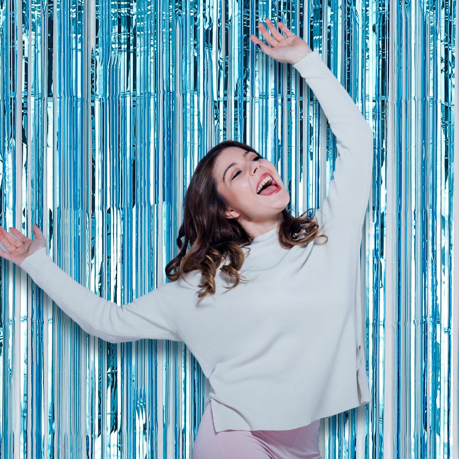 Thumbnail 6 de Voircoloria 3 Pack Light Blue Foil Fringe Backdrop Curtains (3.3x8.2 ft)