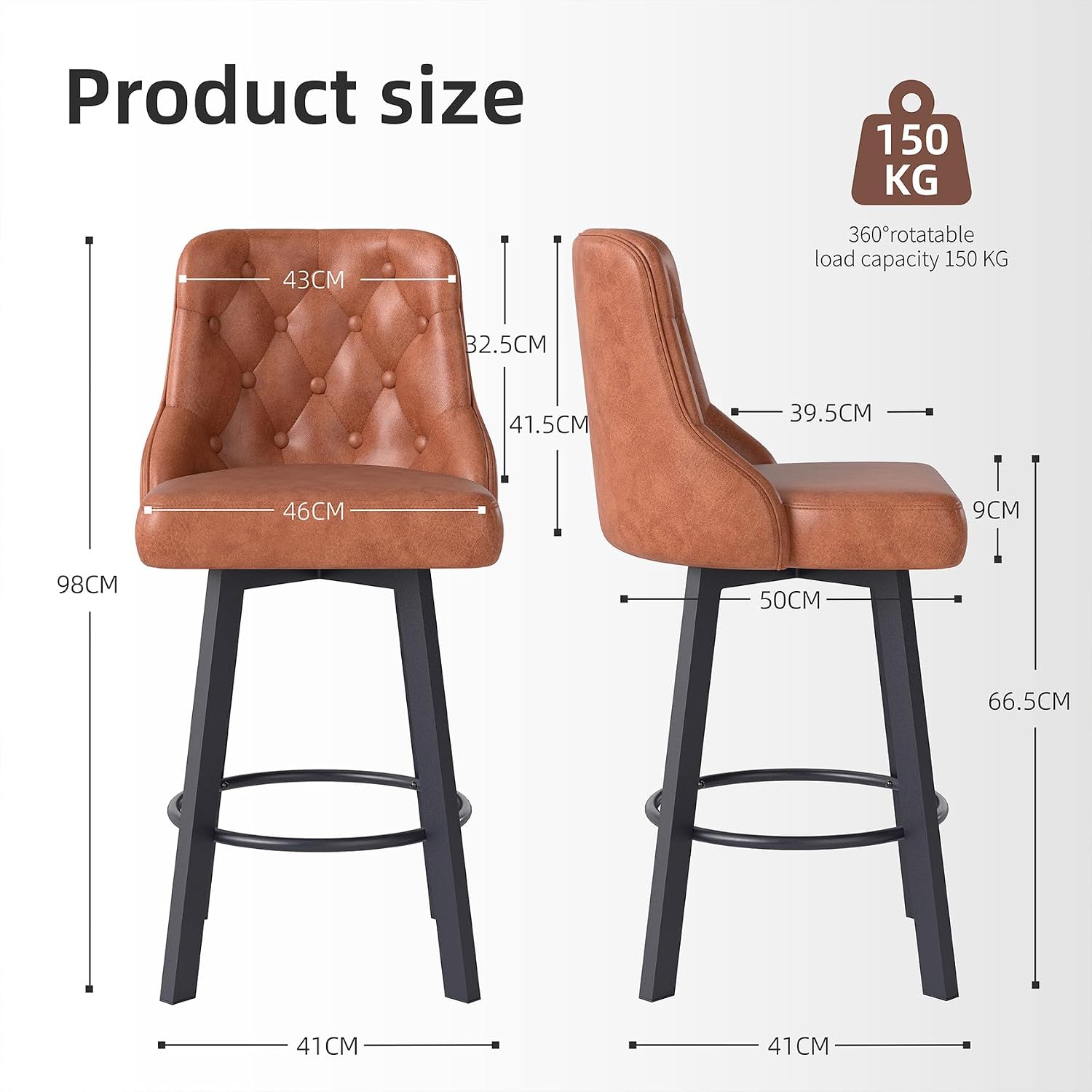 Detalle de Youhauchair YC-8051CBR1PC Bar Stool, Brown PU Leather, 360° Swivel