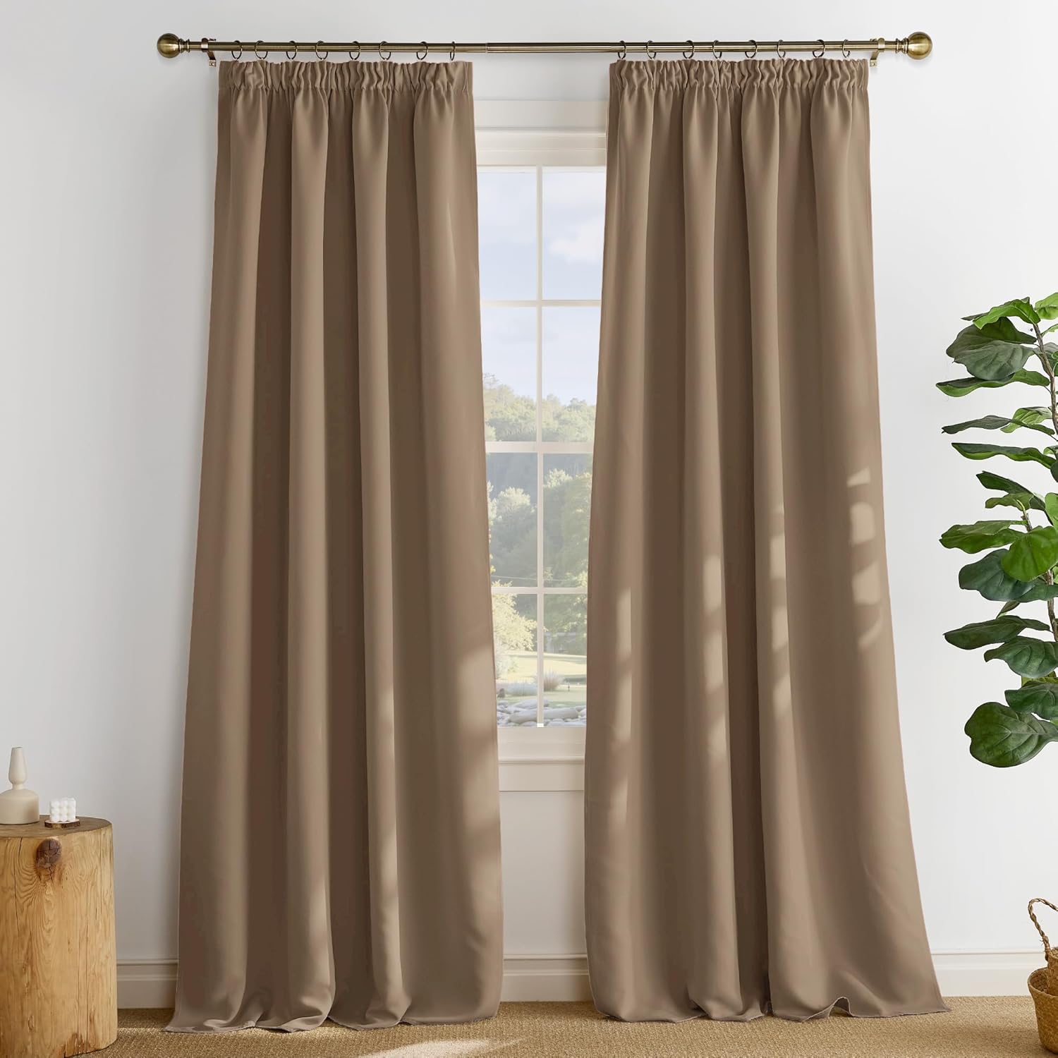 Thumbnail 1 de PONY DANCE Blackout Pencil Pleat Curtains (2 Panels) – W90 x L90 Cappuccino, Thermal Insulated Light Block