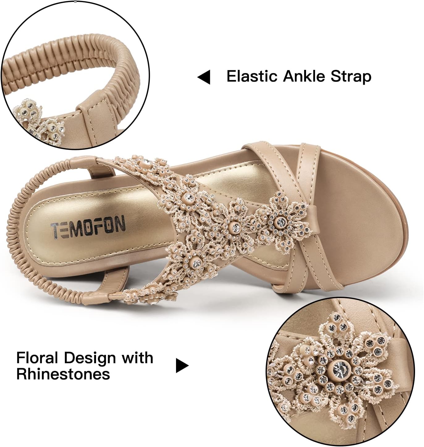 Thumbnail 3 de TEMOFON Women’s Low Wedge Platform Sandals with Elastic Ankle Strap (Open Toe, Flower Rhinestone Detail)