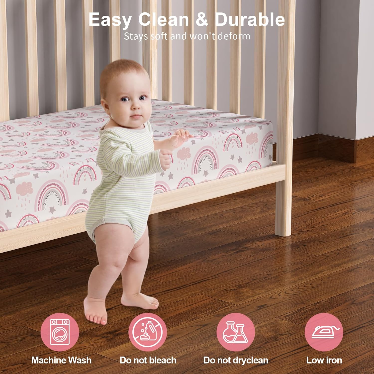 Detalle 2 de IOCCLH Baby Crib Sheets, 2-Pack Microfiber, Pink Rainbow & Pink, 28 x 52 x 8 in