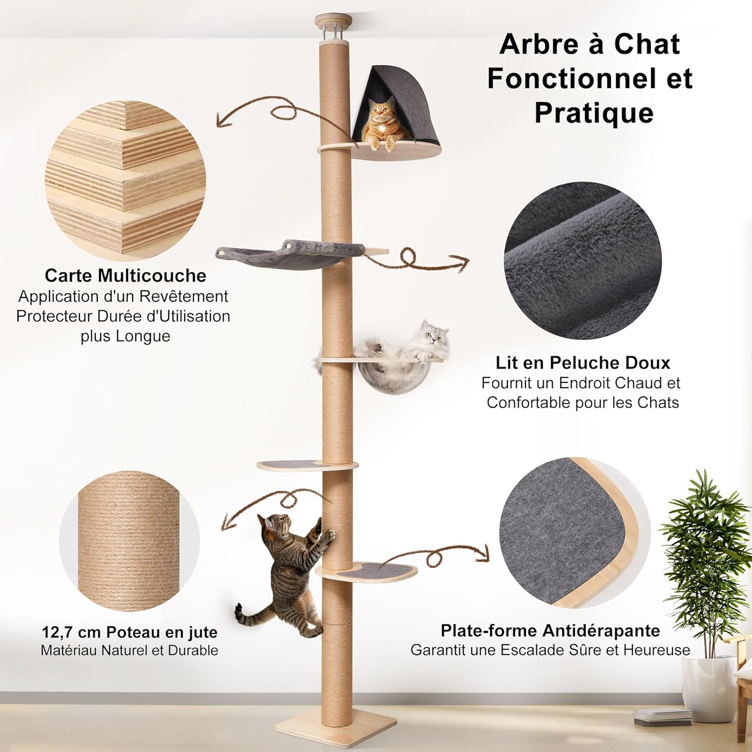 Thumbnail 5 de FUKUMARU Arbre à chat du sol au plafond à 6 niveaux réglable (jusqu’à 300 cm) avec hamac et capsule transparente 360°