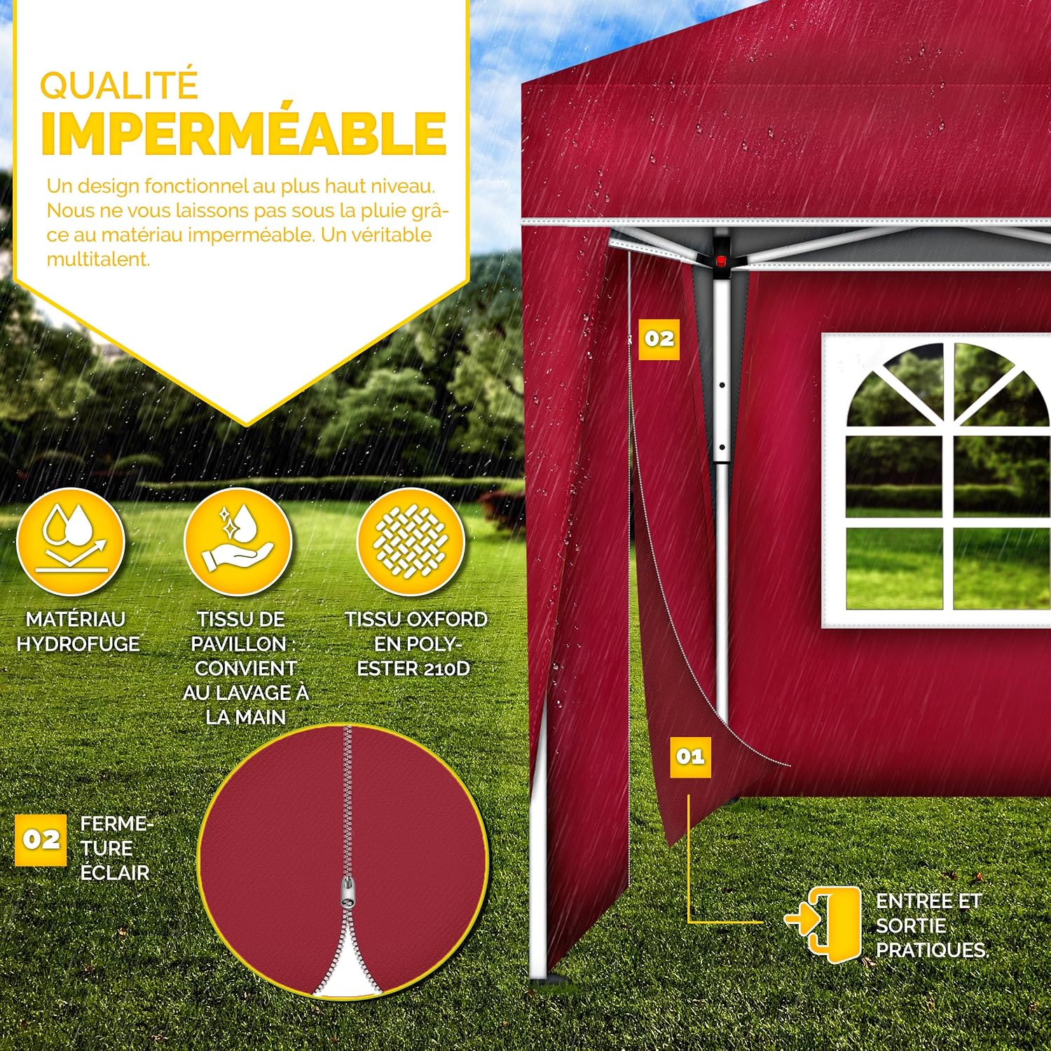 Detalle de Tonnelle de jardin pop-up tillvex 3 x 6 m rouge, protection UV 50+ réglable en hauteur