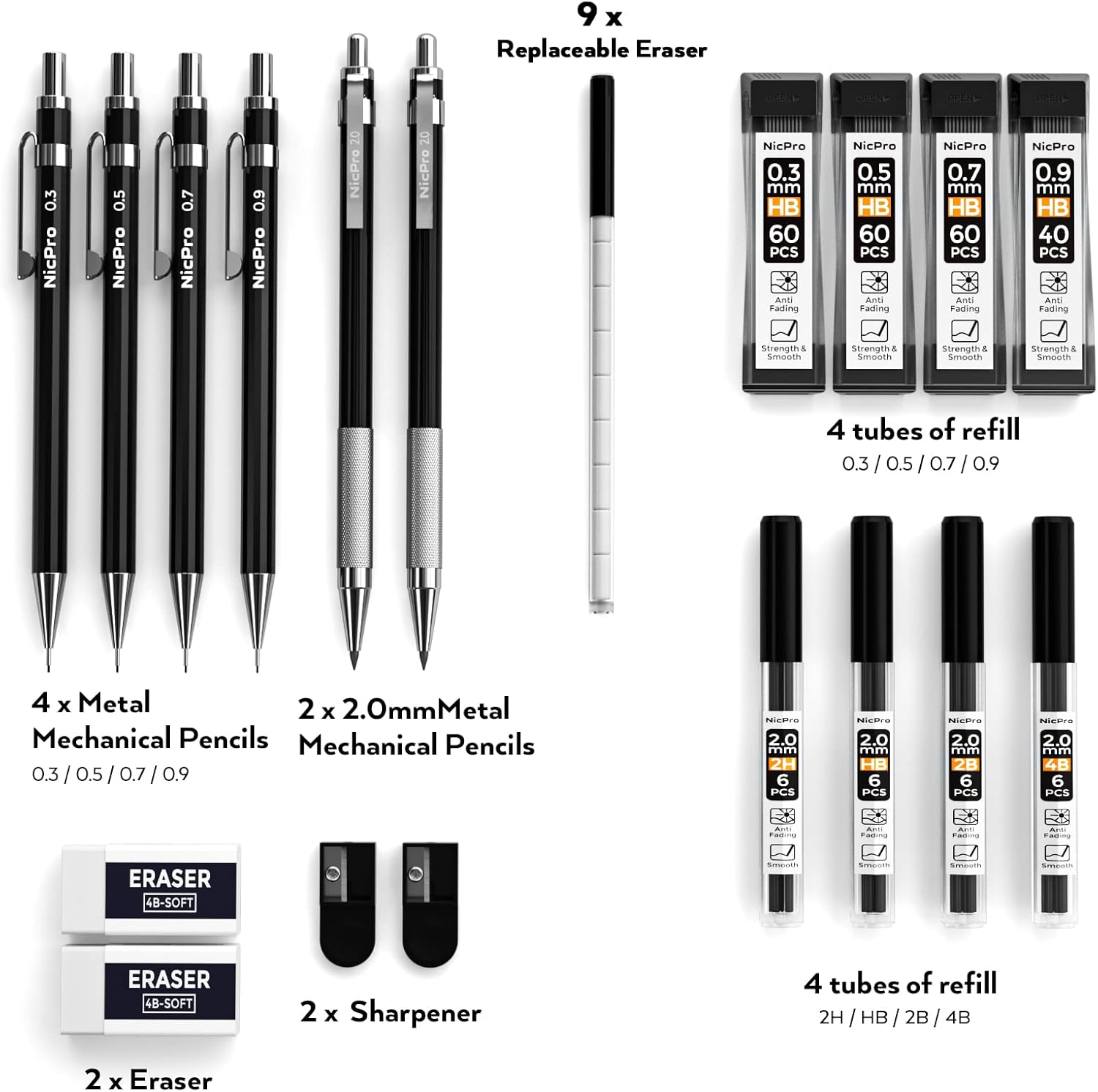 Detalle de Nicpro 6-piece mechanical pencils set with metal bodies and case (0.3, 0.5, 0.7, 0.9 and 2.0mm leads)