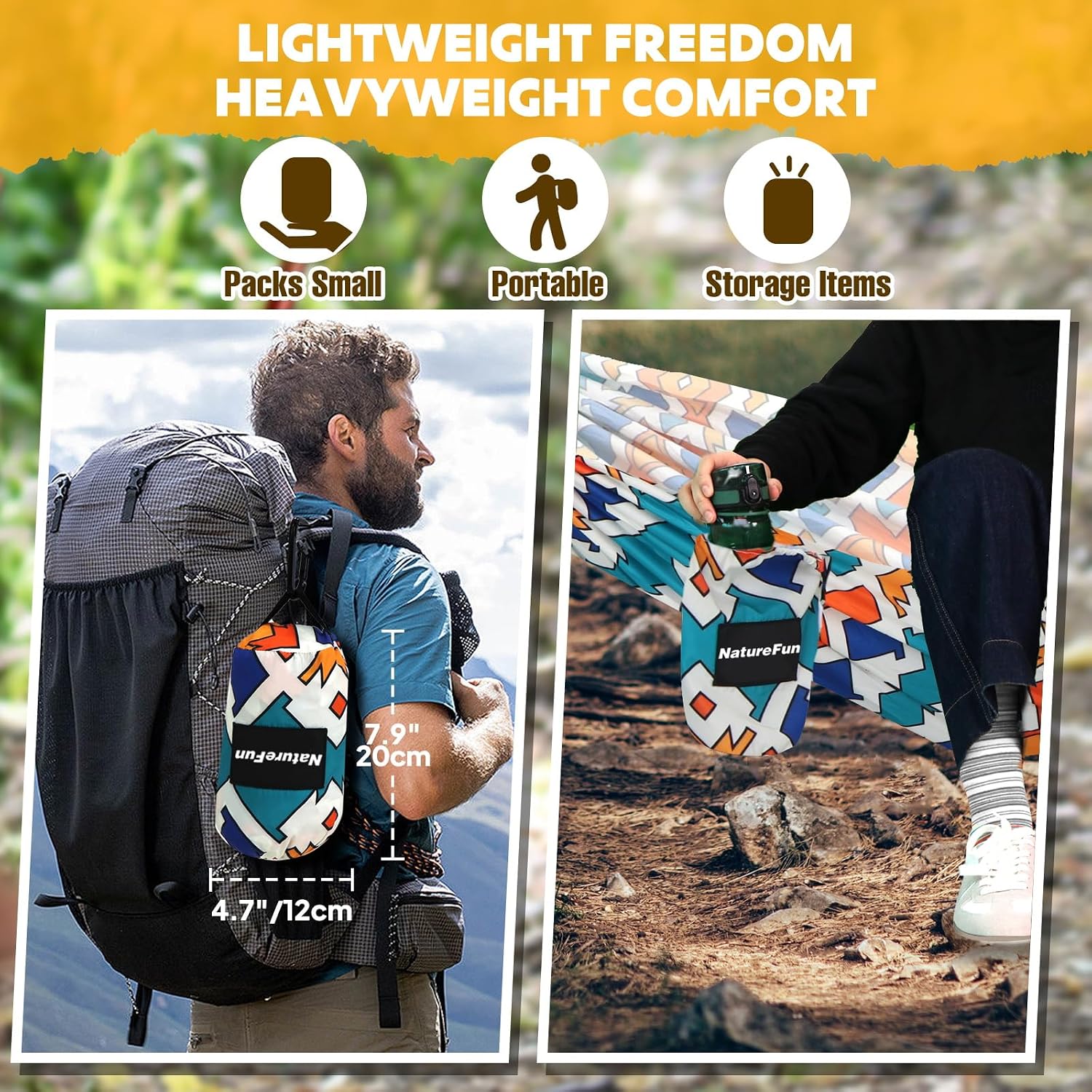 Detalle de NATUREFUN Ultraleichte Reise Camping Hängematte – 275 × 140 cm, 300+ kg Tragkraft, atmungsaktiv & schnelltrocknend