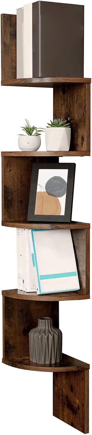 Detalle de VASAGLE CUSTOS LBC20BX 5-Tier Corner Shelf, Wall-Mounted, Rustic Brown