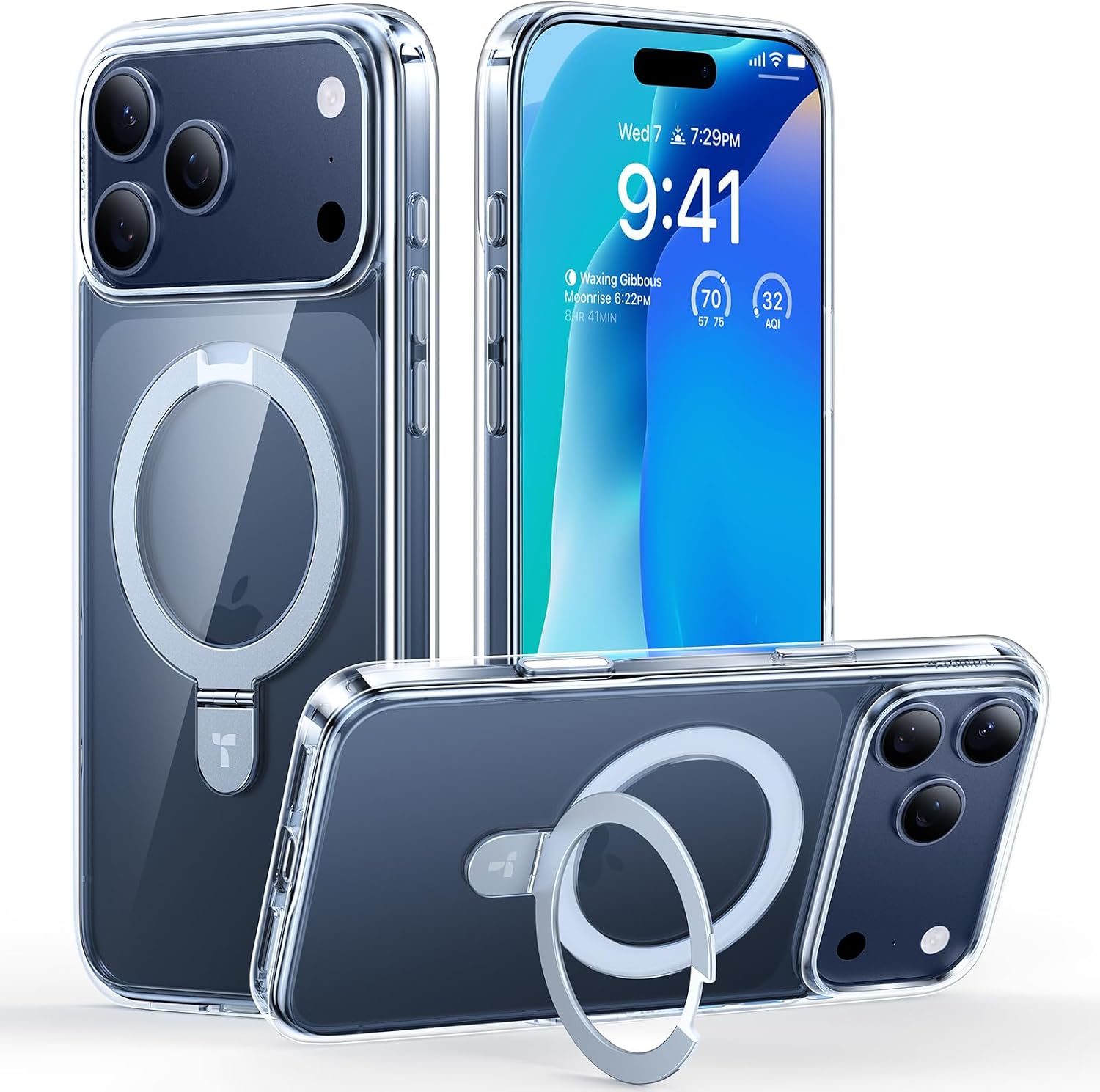 Detalle de TORRAS Ostand Magnetic Case for iPhone 17 Pro Max (MagSafe) with Built-In Stand & Camera Control Button, Clear Slim Soft Edge