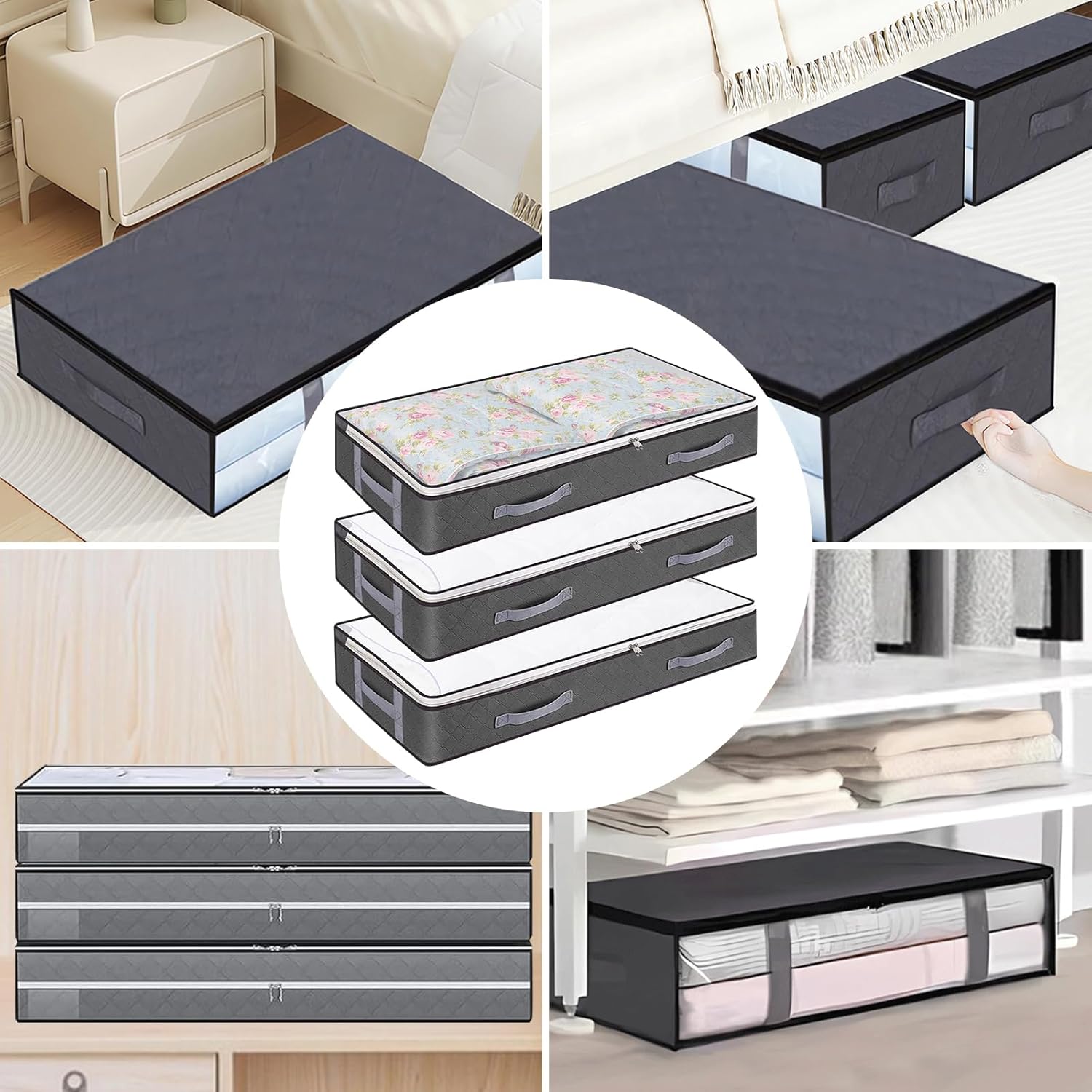 Thumbnail 6 de Lixiluxia 3er Set Unterbett-Aufbewahrungsboxen (Vlies) mit Fenster & Faltfunktion – 99 x 49,5 x 15 cm