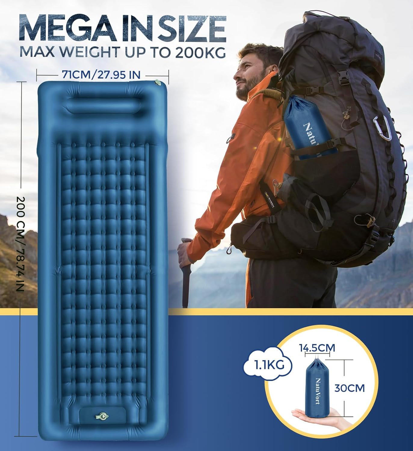 Thumbnail 3 de Materassino gonfiabile NatuVort Campeggio singolo con pompa a pedale – 200 x 70 x 12 cm, blu scuro