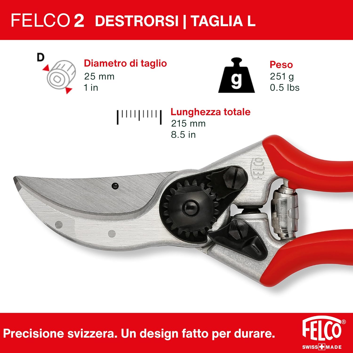 Detalle de FELCO 2: cesoia bypass professionale per destri, lama acciaio temprato 41 mm, manici in alluminio forgiano