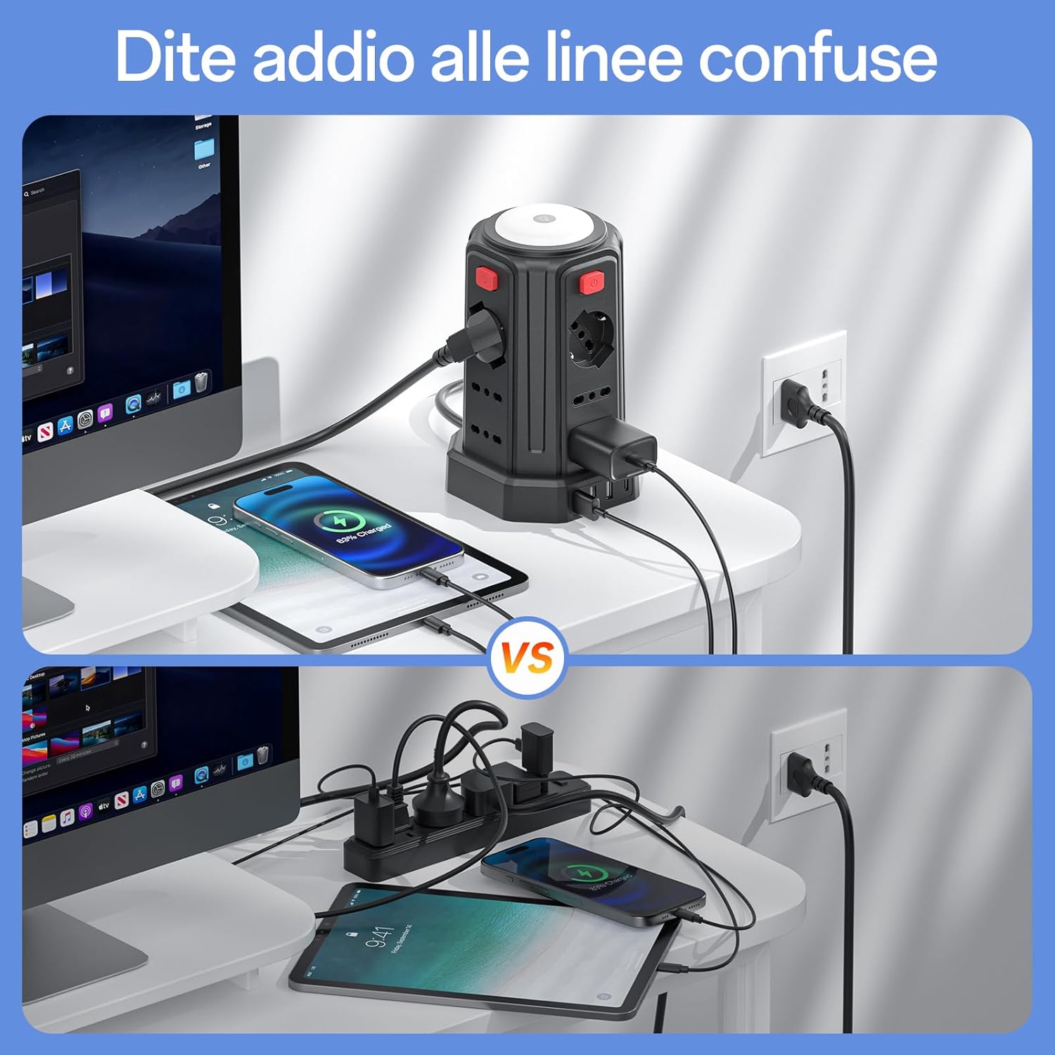 Thumbnail 4 de 3M Ciabatta elettrica multipresa verticale con luce notturna e 12 prese universali (IT/Schuko) + 4 USB