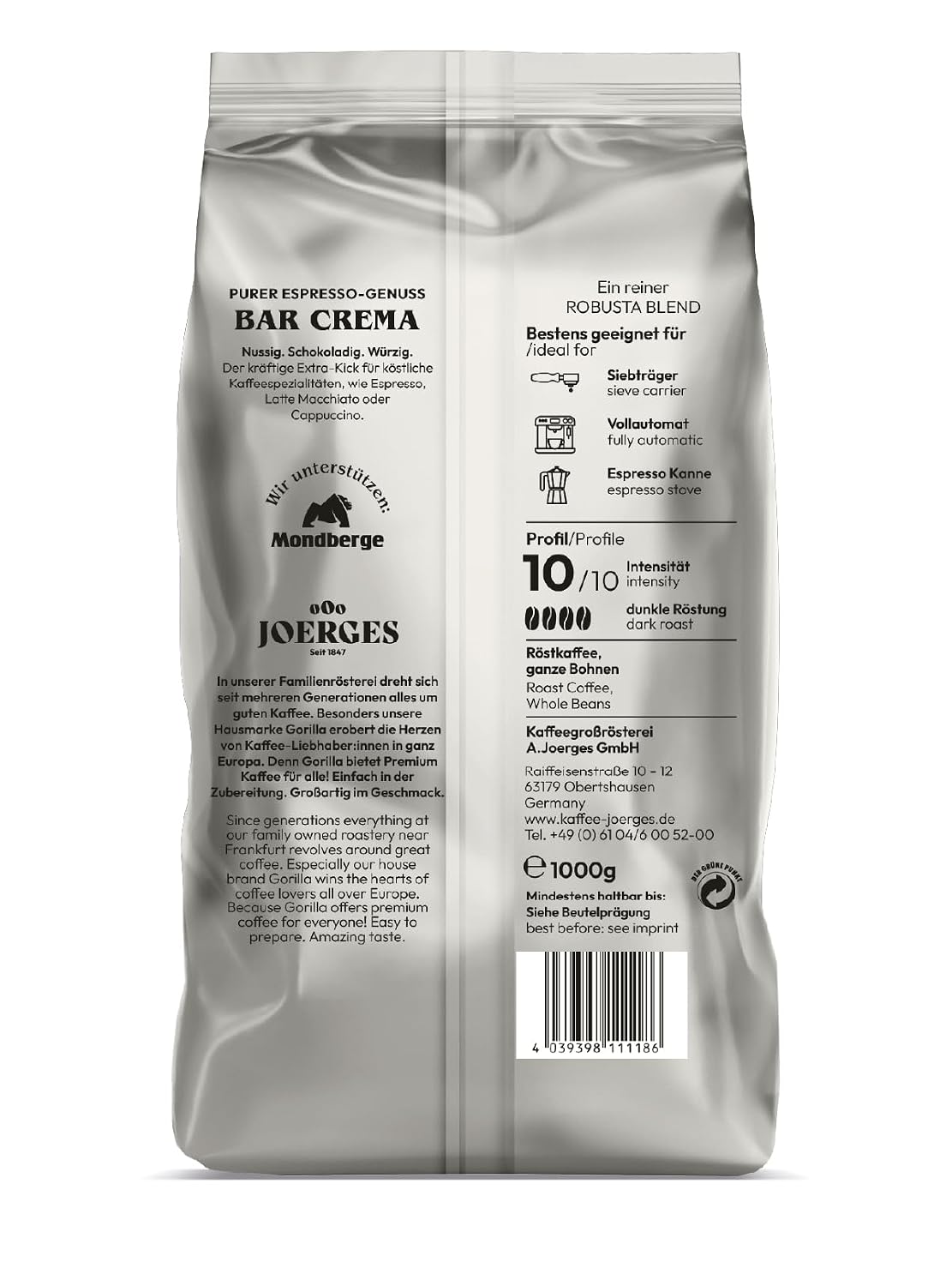 Detalle 2 de Joerges Kaffee ganze Bohnen Espresso Gorilla Bar Crema – 1 kg
