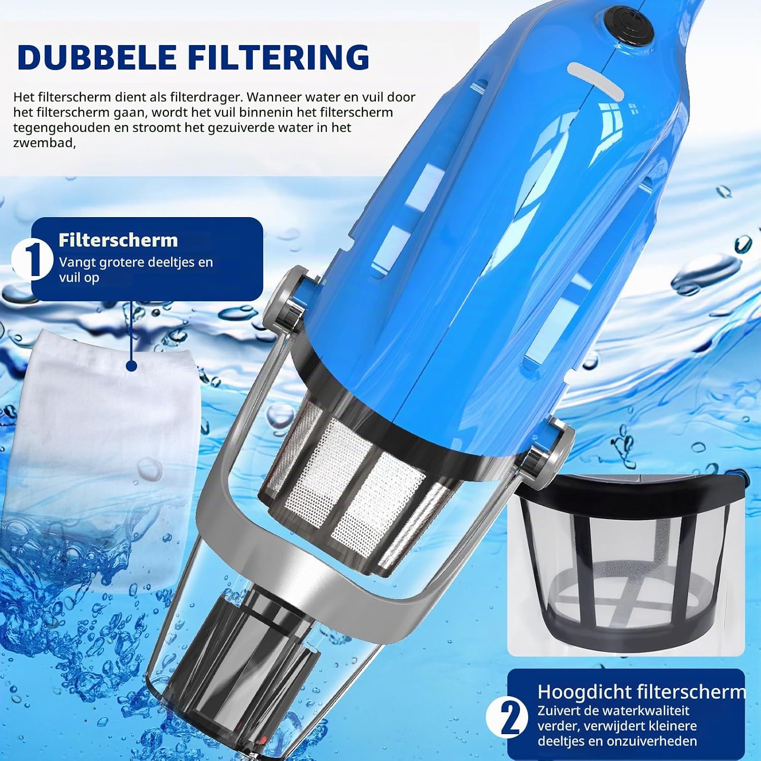 Detalle de PoolyPoly 1818-BL zwembadstofzuiger op accu met dubbele filtering en telescoopsteel