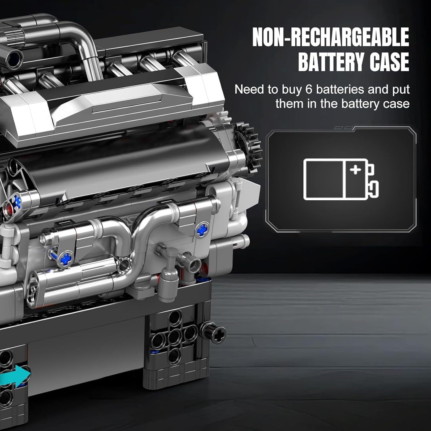 Detalle de Mould King 10205 Technik V12 – moteur en blocs de construction (733 pièces) avec boîtier batterie 9V