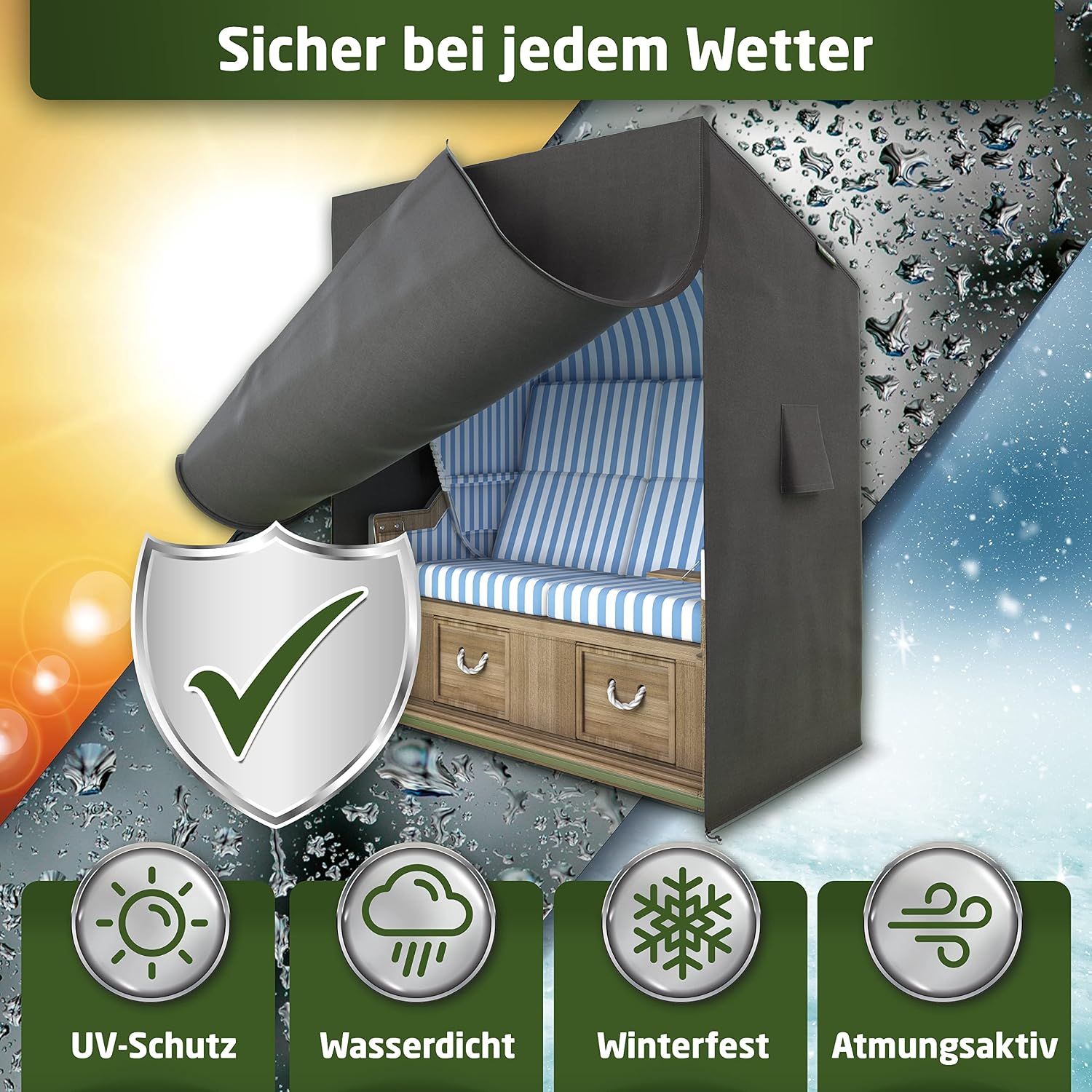 Detalle 2 de WALDNER Strandkorb Schutzhülle Oxford 600D – wasserdicht, winterfest und UV-beständig (120 x 90 x 160 B/T/H) grau
