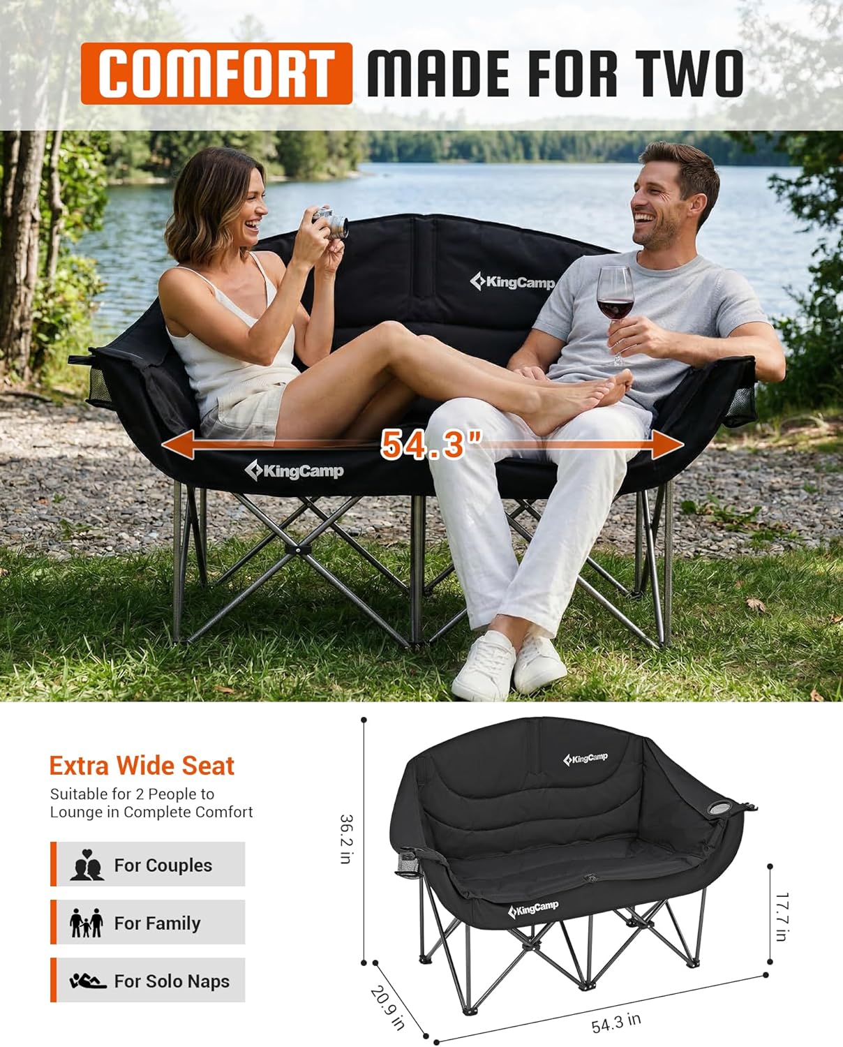 Detalle de KingCamp Double Camping Chair: Oversized, Heavy-Duty 660lbs Two-Person Folding Loveseat