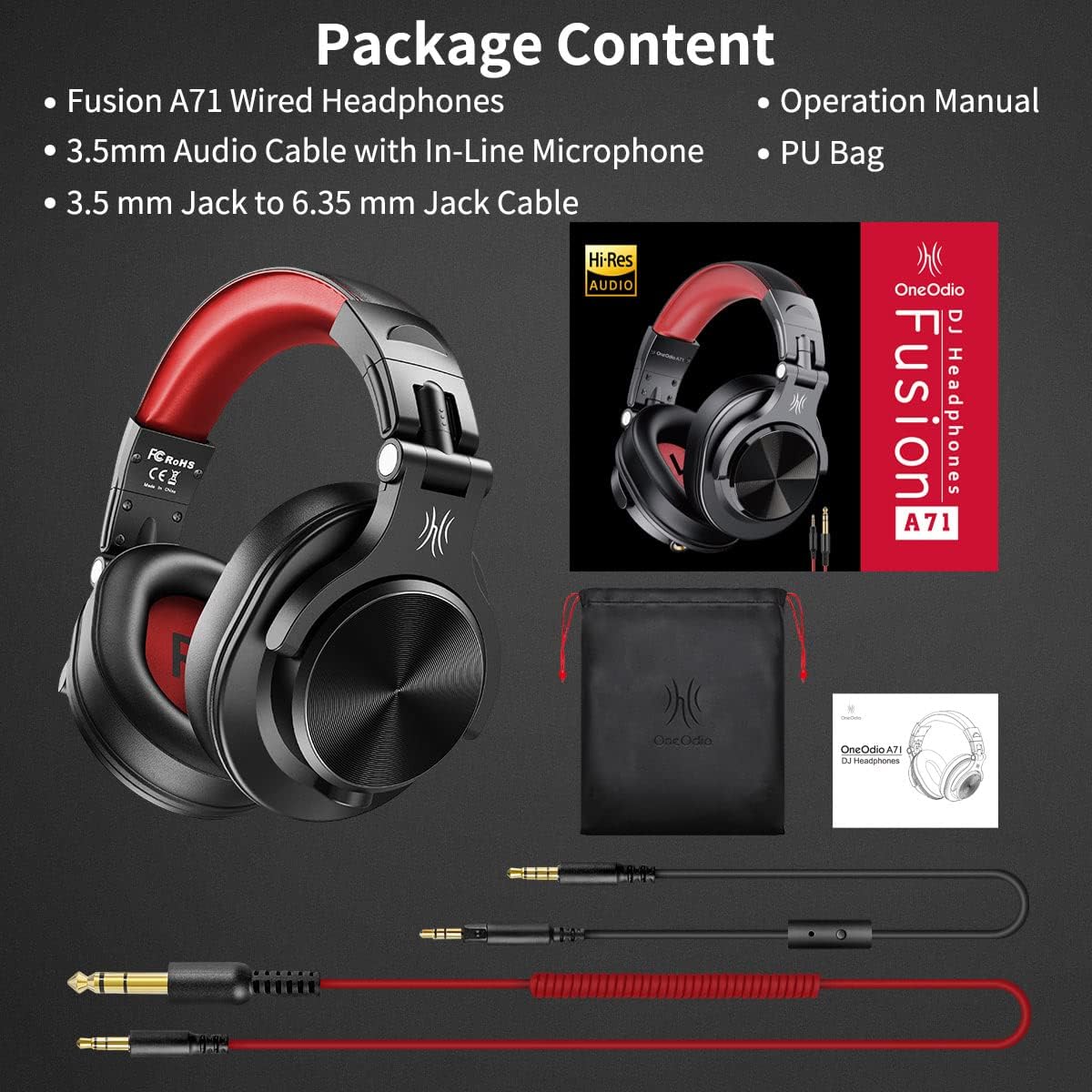 Thumbnail 6 de OneOdio A71 Wired Studio Headphones, 40 mm Drivers, Foldable Red Design