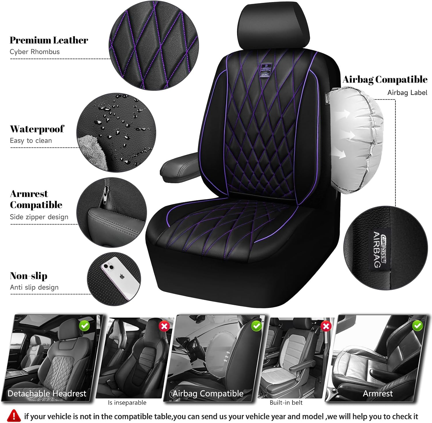 Detalle de CAR PASS Piping Luxury Faux Leather Seat Covers 2-Pack