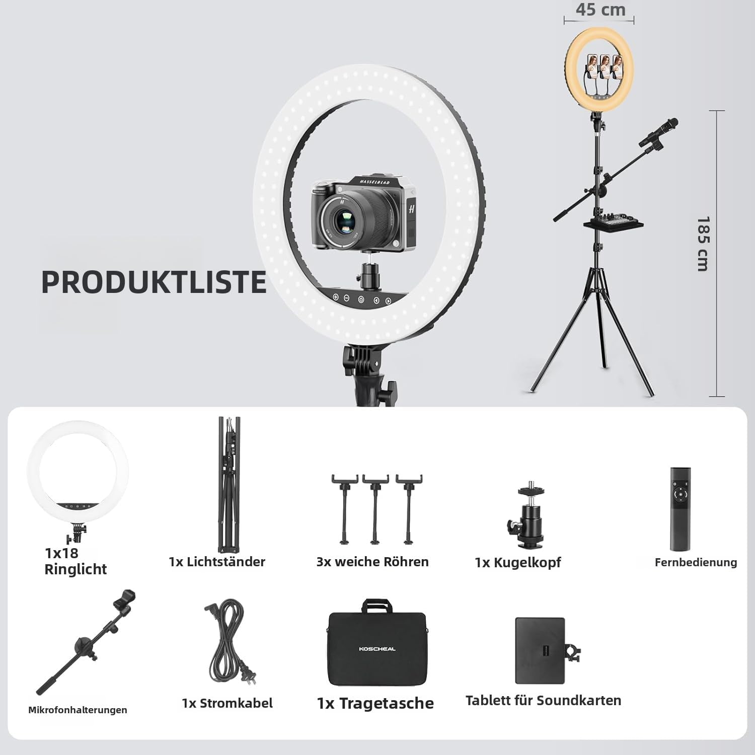 Thumbnail 6 de KOSCHEAL 18 Zoll Ringlicht mit Ständer – 3000–6500K, einstellbare Helligkeit, Mikrofon- und Soundkartenhalter