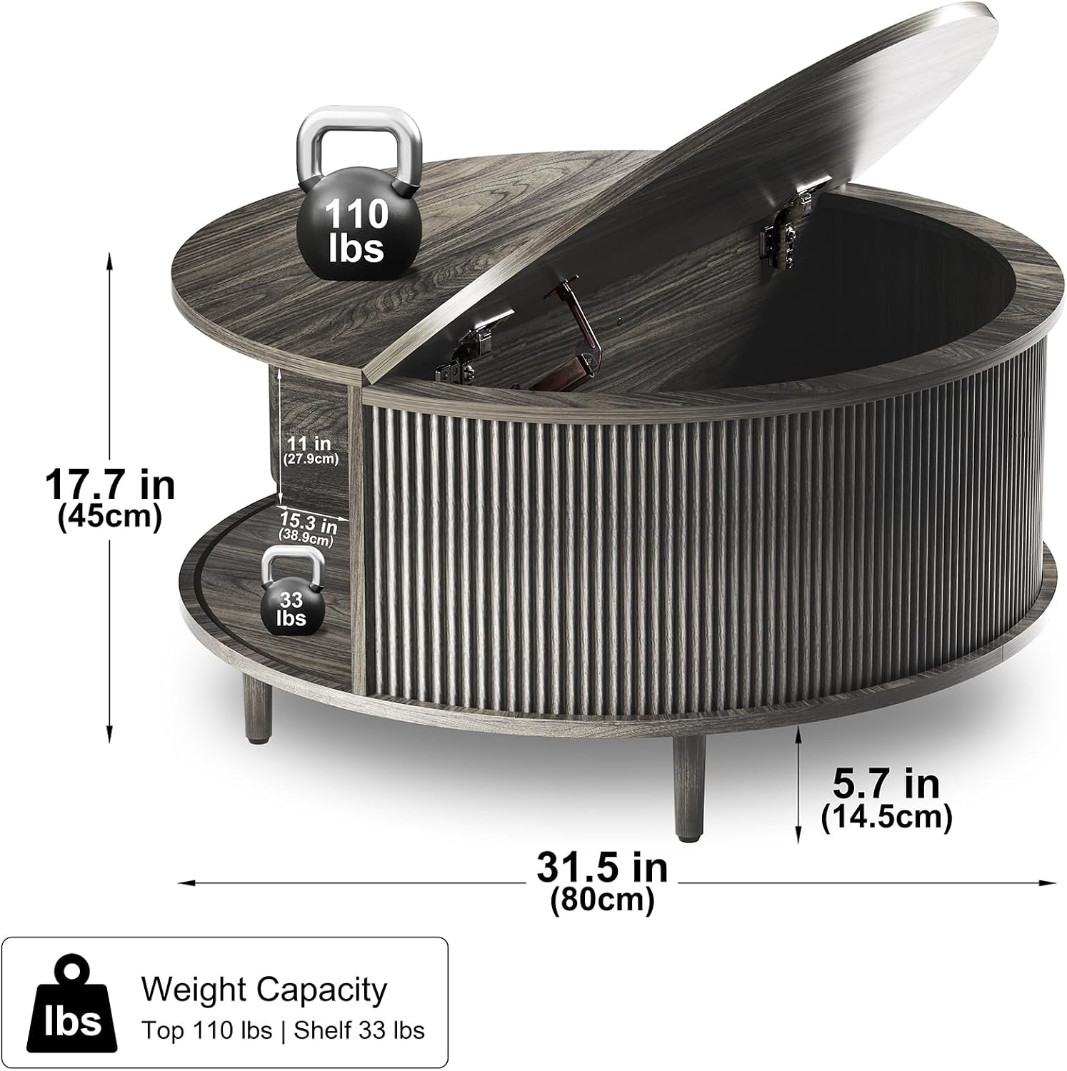 Detalle 2 de BEROXII HCYZ-001GRAY-CA Round Coffee Table, 31.5" Lift-Top with Storage