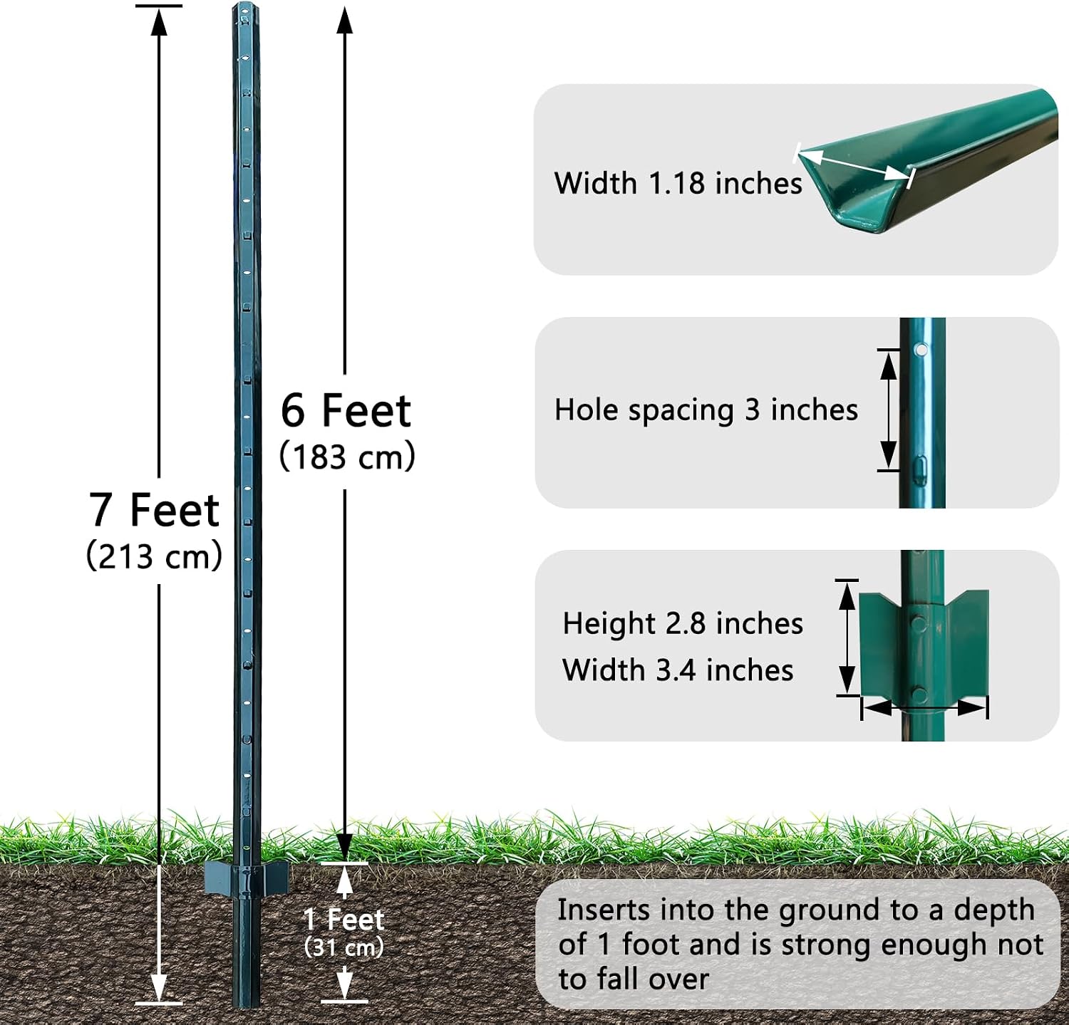 Detalle 2 de Thealyn 7 ft (213 cm) U fence posts, pack of 10 – galvanised steel for 5 ft wire fence mesh
