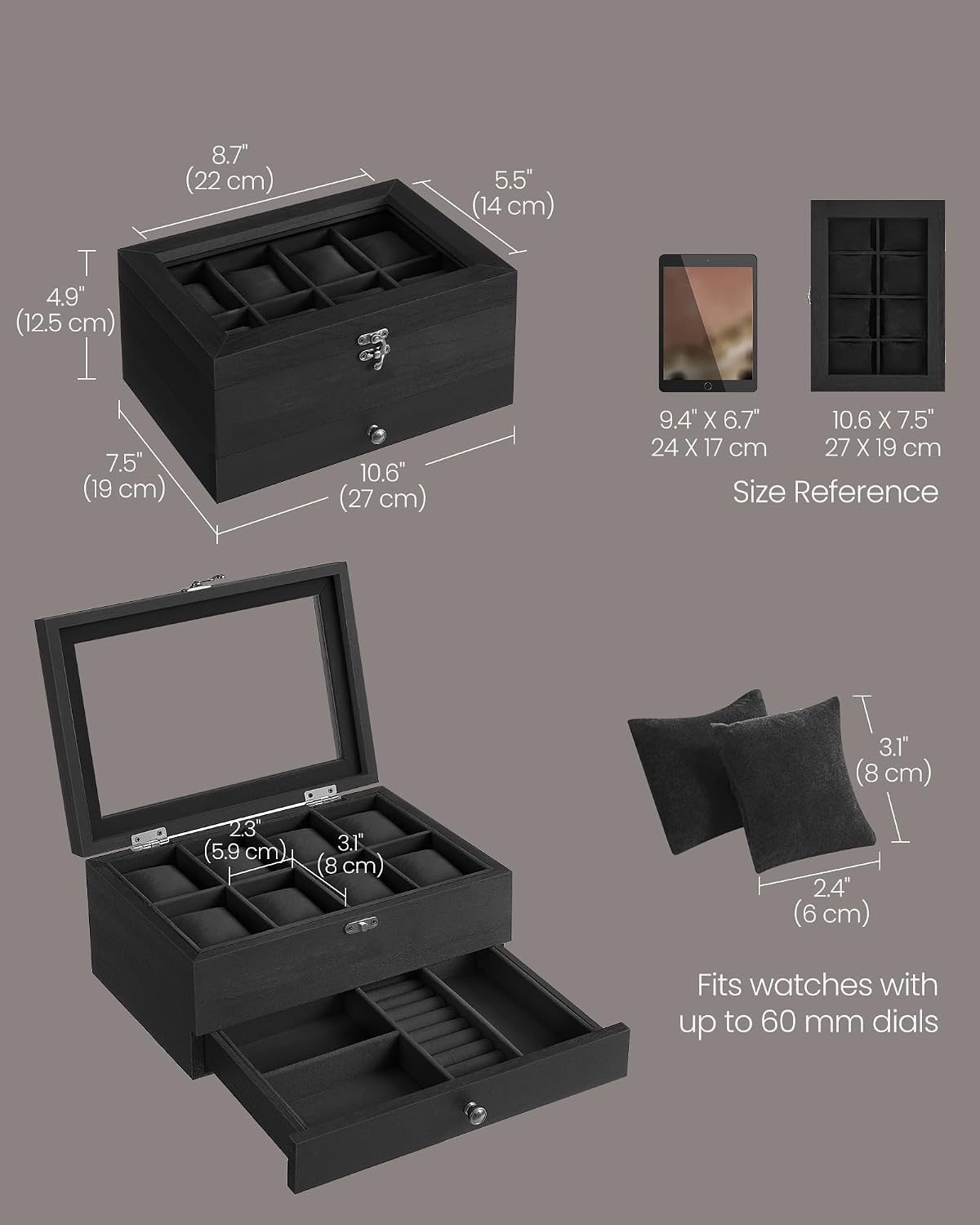 Detalle de SONGMICS Anicia JOW008B02 2-Tier Watch Box, 8 Slots and Glass Lid