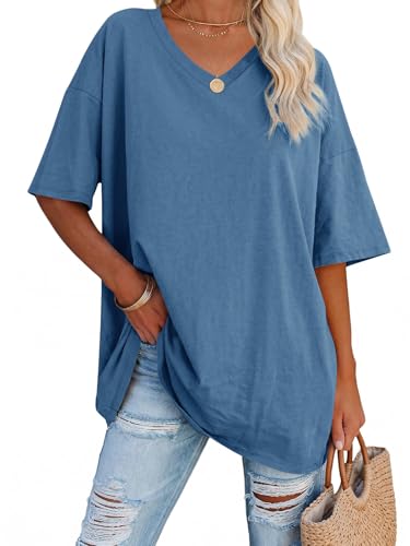 Imagen de Ebifin Damen Oversize T-Shirt mit V-Ausschnitt, Grau-Blau, XXXL en OfertitasTOP