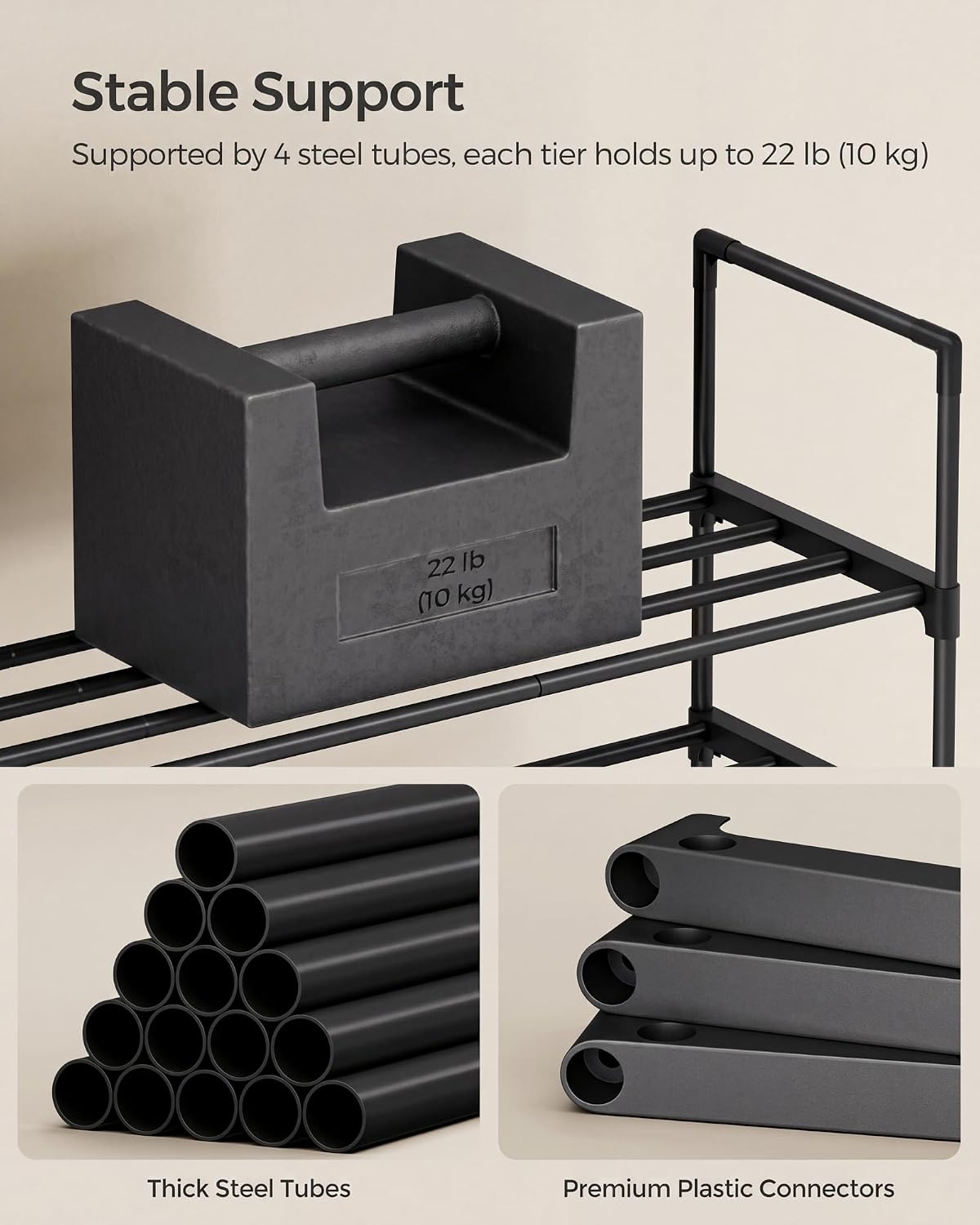 Detalle 2 de SONGMICS DEKY LSA032B01 Two-Tier Shoe Rack, Stackable, 116 cm Wide, Black