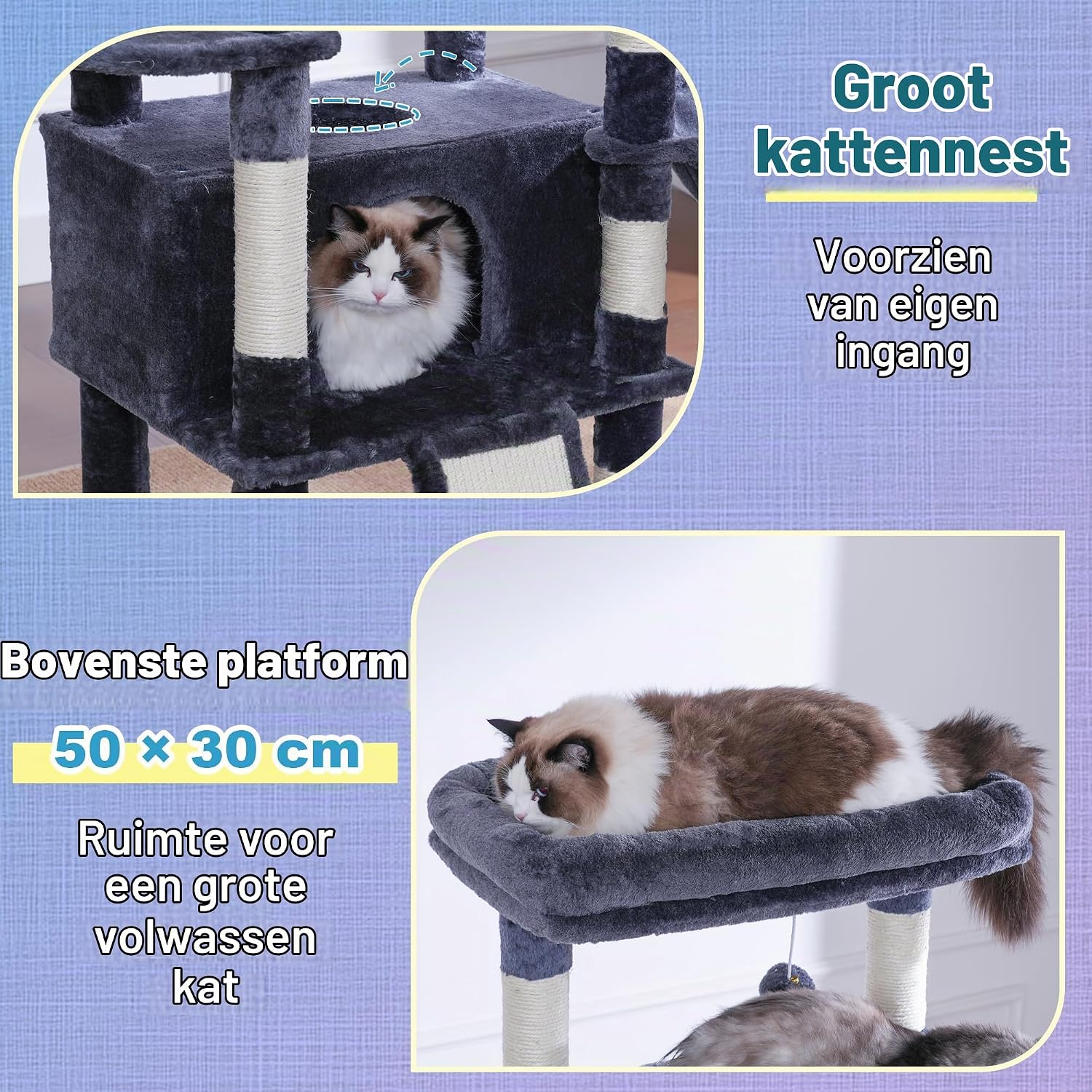 Thumbnail 4 de Hey-brother EMPJ080G kattenboom van 182 cm met sisal, hangmatten en ligplateaus