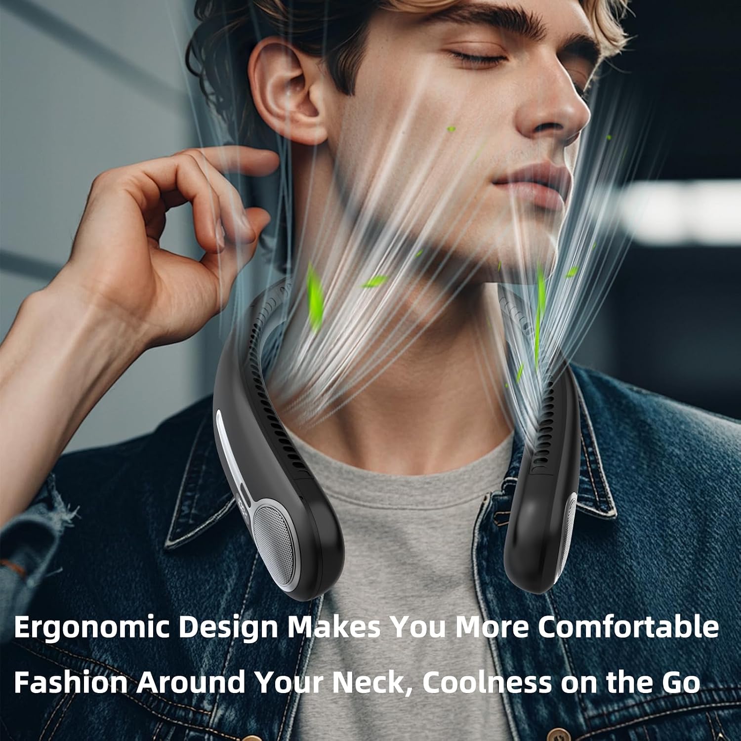 Detalle de Portable Neck Fan with 360° Bladeless Cooling, 6000mAh USB Rechargeable - Hands-Free Personal Wearable Fan (Black)