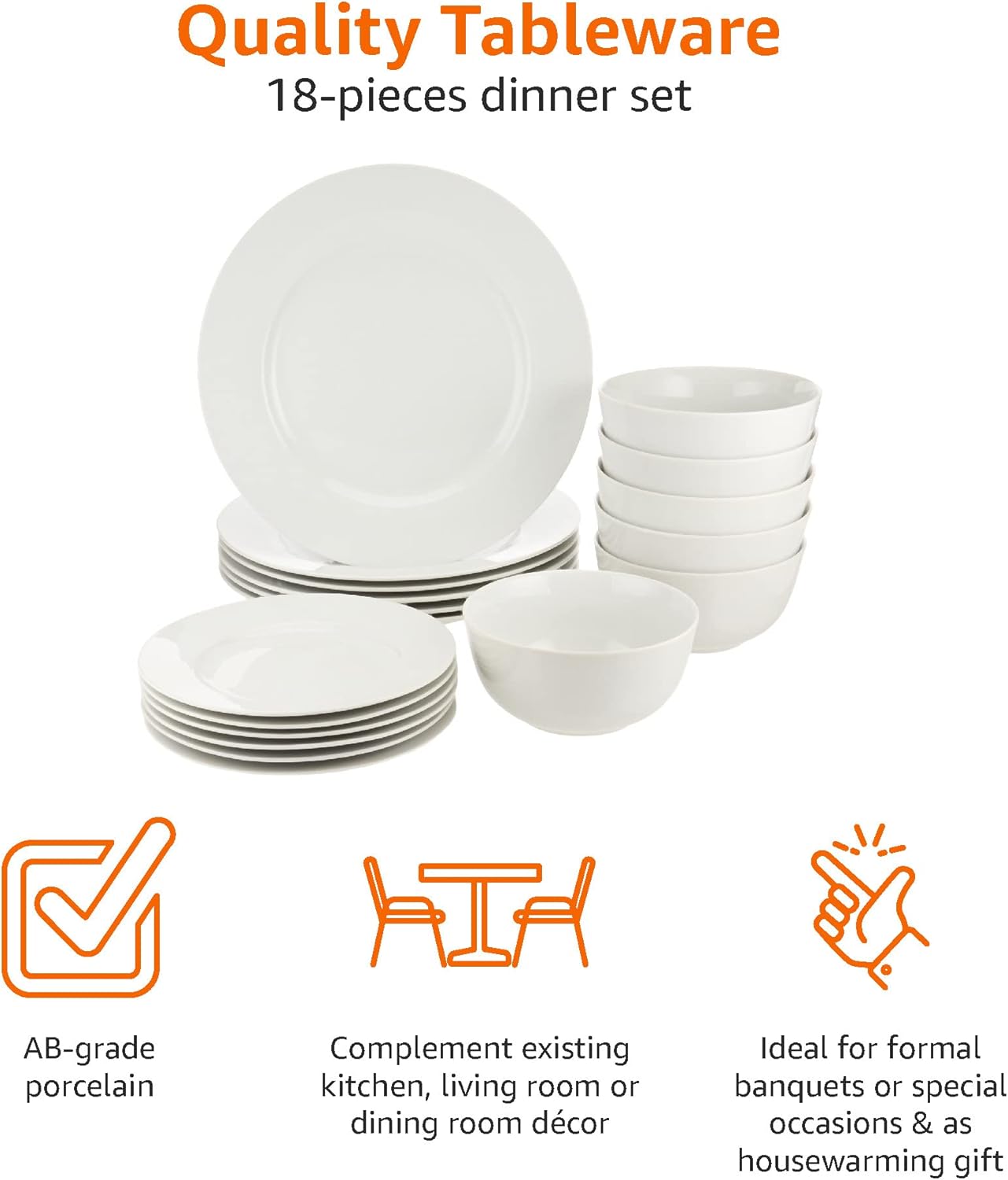 Detalle de Amazon Basics 18-Piece Porcelain Dinner Set for 6 – Microwave, Oven, and Dishwasher Safe