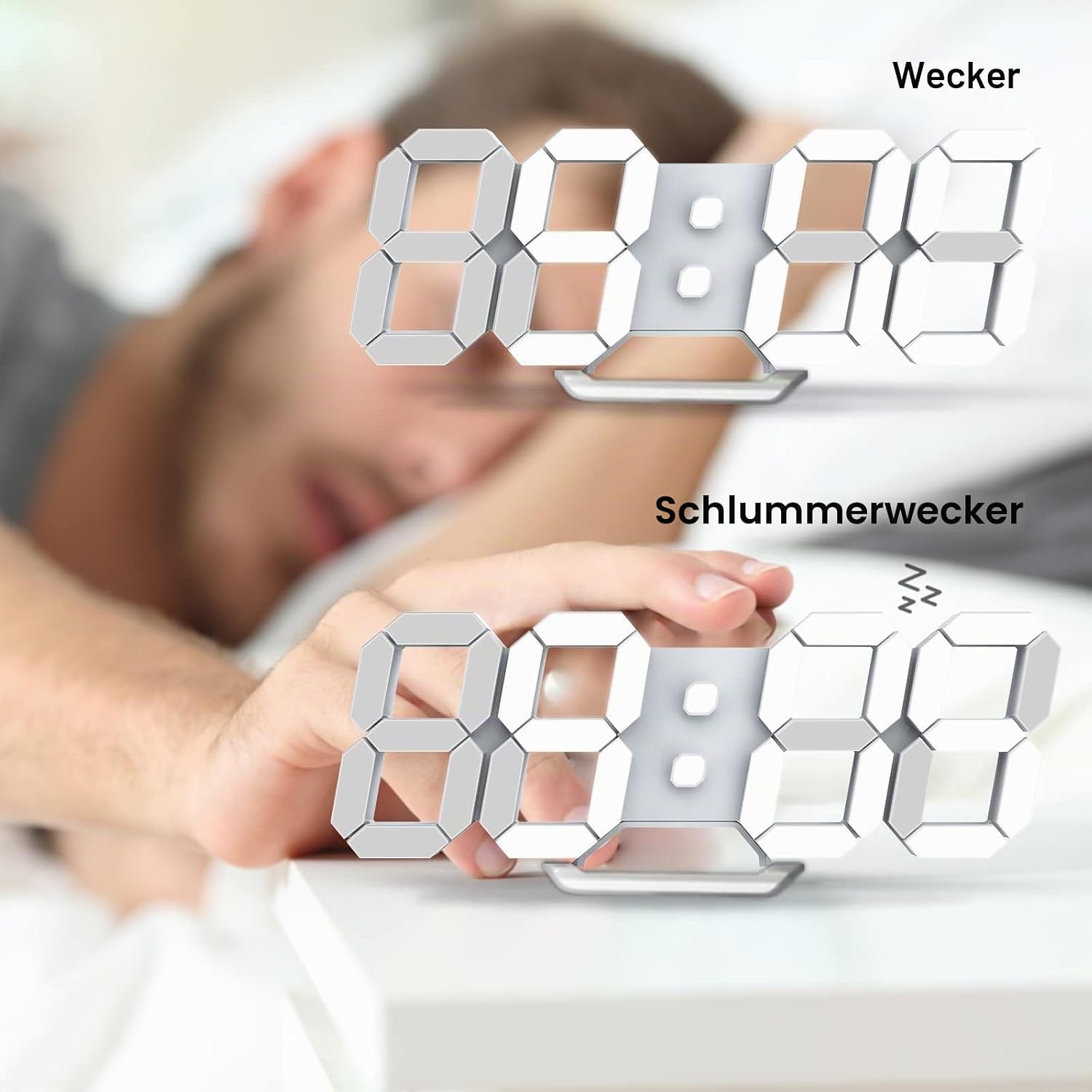 Detalle 2 de Deeyaple LED Wanduhr Digital Wecker 3D – dimmbar, Snooze, Fernbedienung, 25 cm