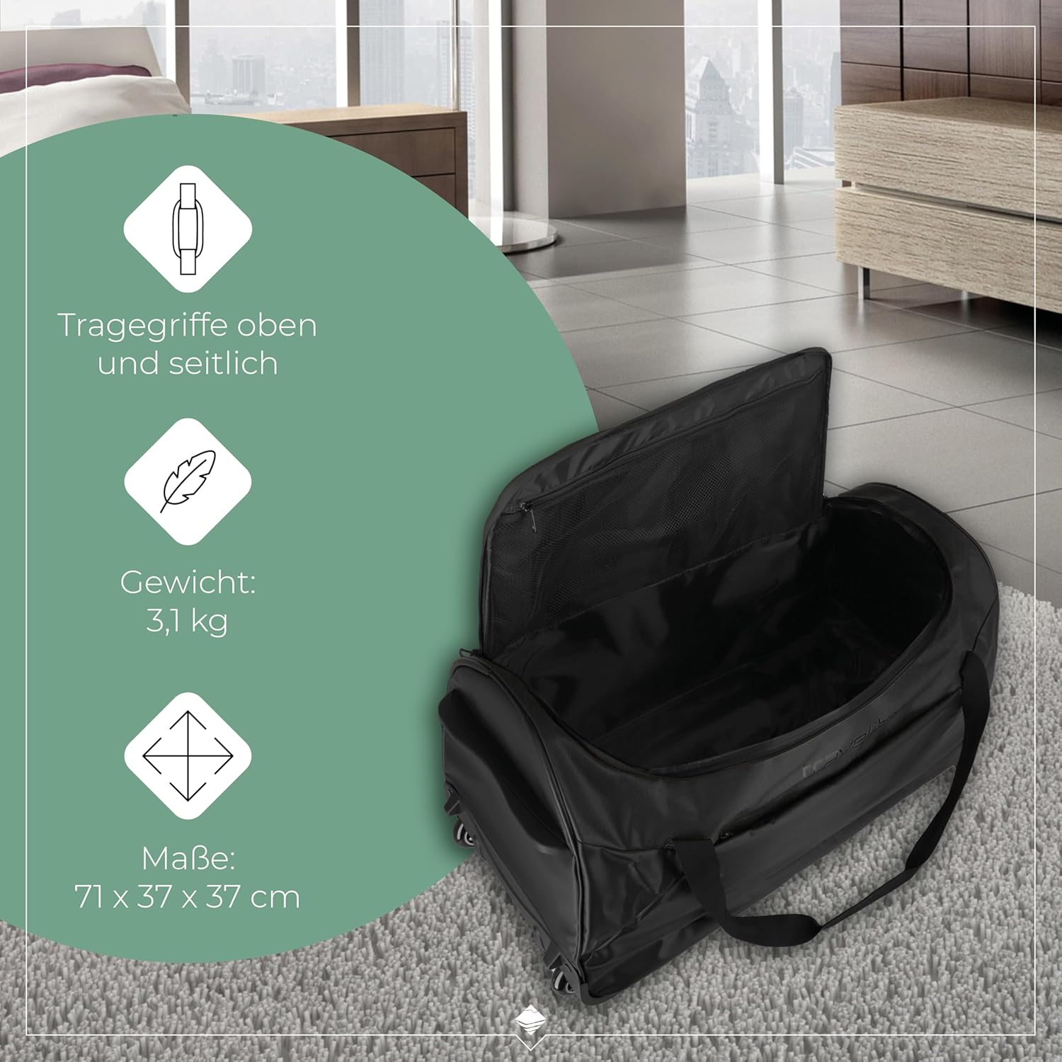 Detalle de Travelite Trolley Reisetasche mit Rollen – wasserabweisendes Allround-Softbag, 98–119 L