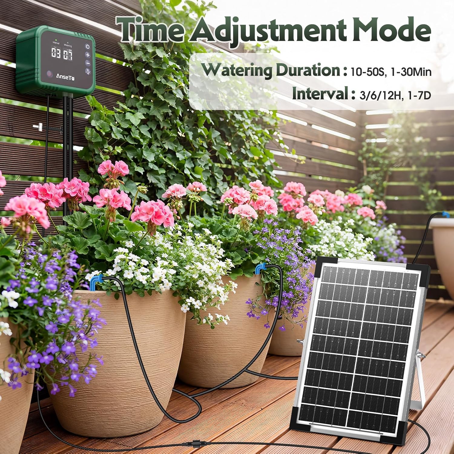 Thumbnail 2 de AnseTo Sistema di irrigazione solare da 8W con controller regolabile e 30 gocciolatori