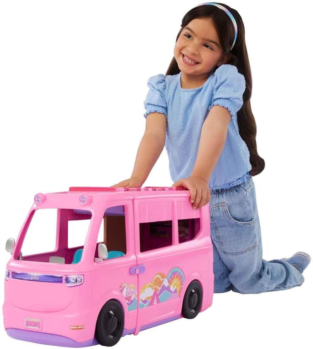 Detalle de Barbie Super Abenteuer-Camper Spielset mit Dachzelt – Campingerlebnis für fantasievolle Geschichten
