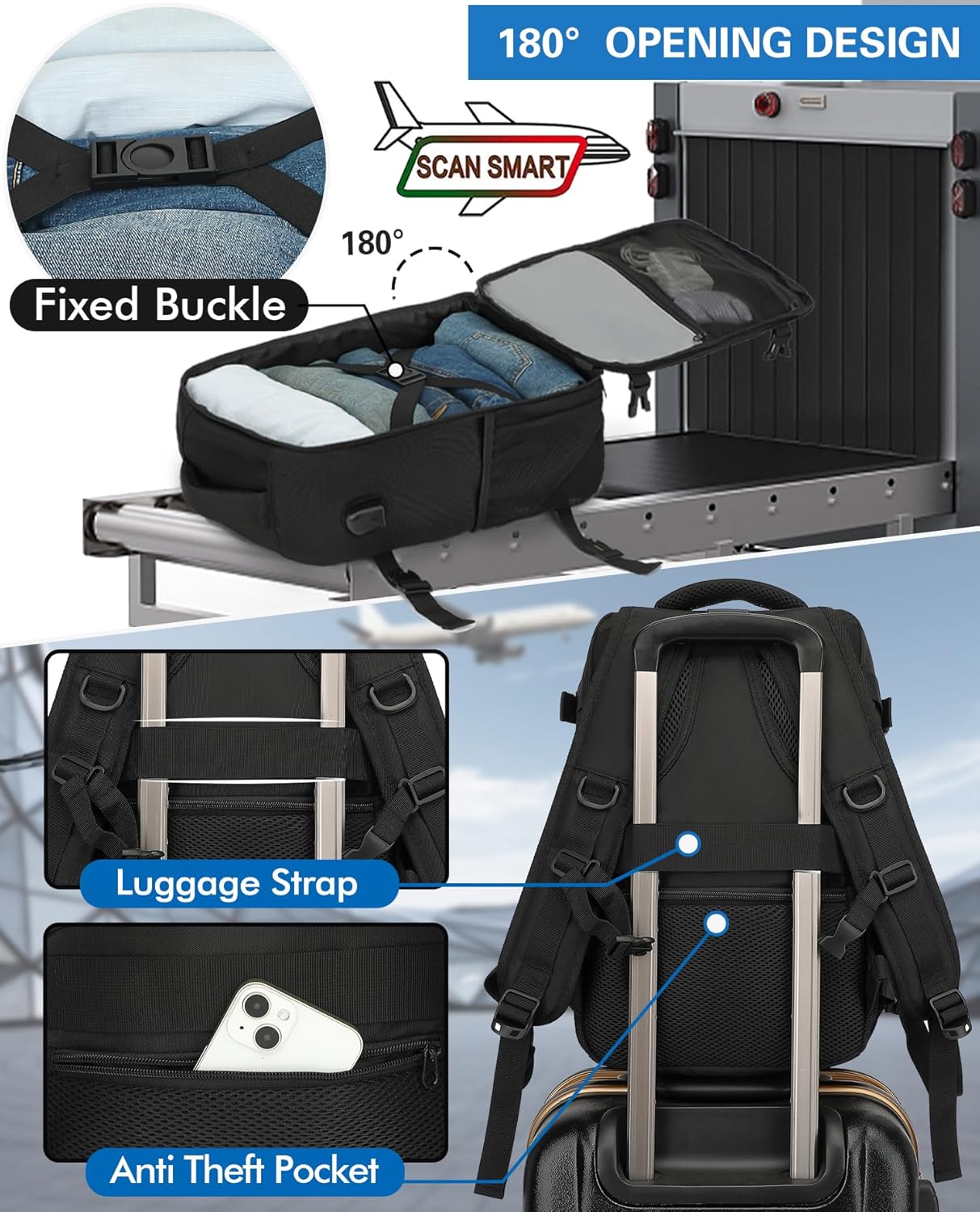 Detalle de KLOSTAIN Ryanair cabin bag 40x30x20 underseat 24L with laptop compartment (black)