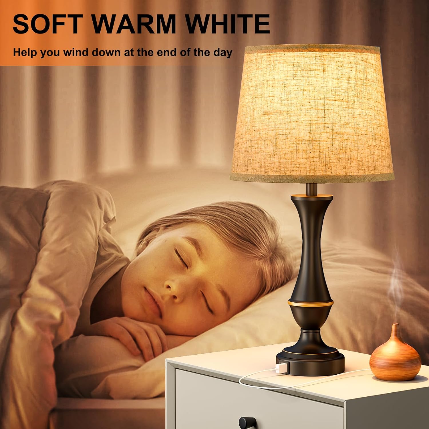 Detalle 2 de Seealle Upgraded Touch Lamps for Night Stands (Set of 2) with USB-C + USB-A, 3-Way Dimmable