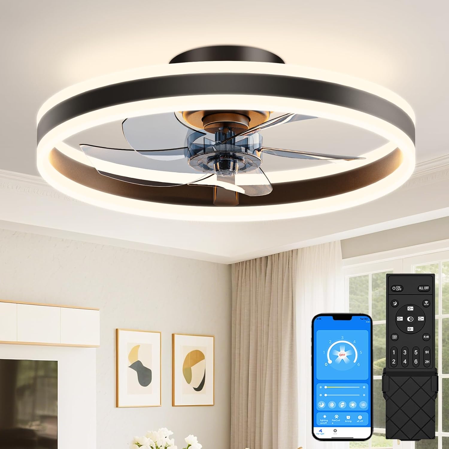 Detalle de VOLISUN 8223-3K Low-Profile Ceiling Fan with Light, Remote and App