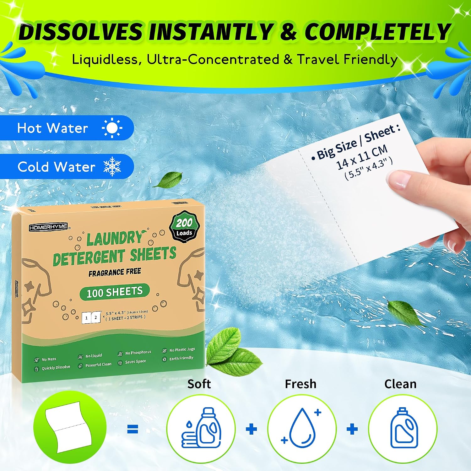Detalle 2 de HOMERHYME HR-30DS100ST-U Laundry Detergent Sheets, 100 Sheets, Unscented