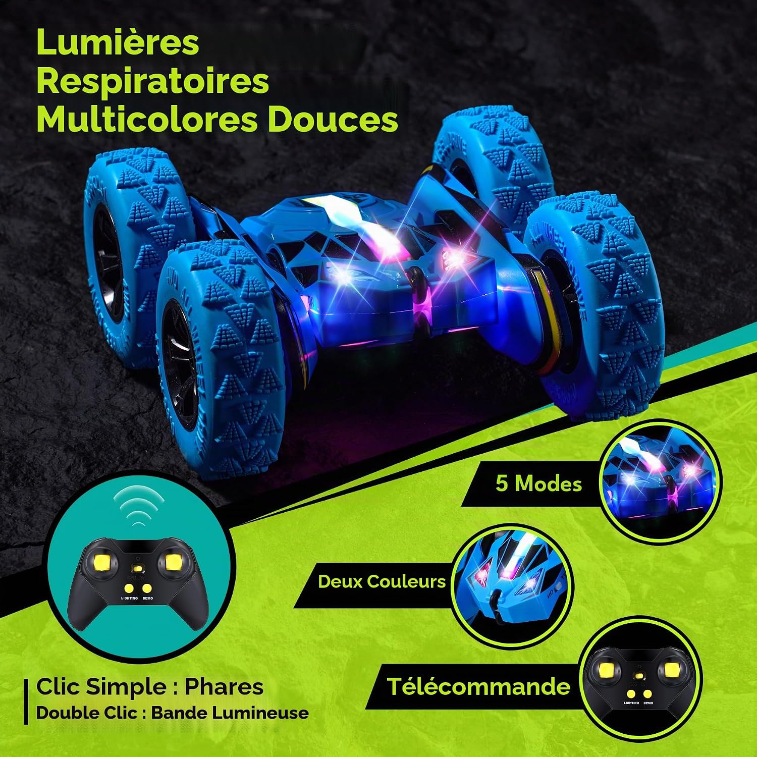 Detalle de Threeking Voiture Télécommandée Enfant RC à Cascades: batterie modulable, conduite double face et lumières douces