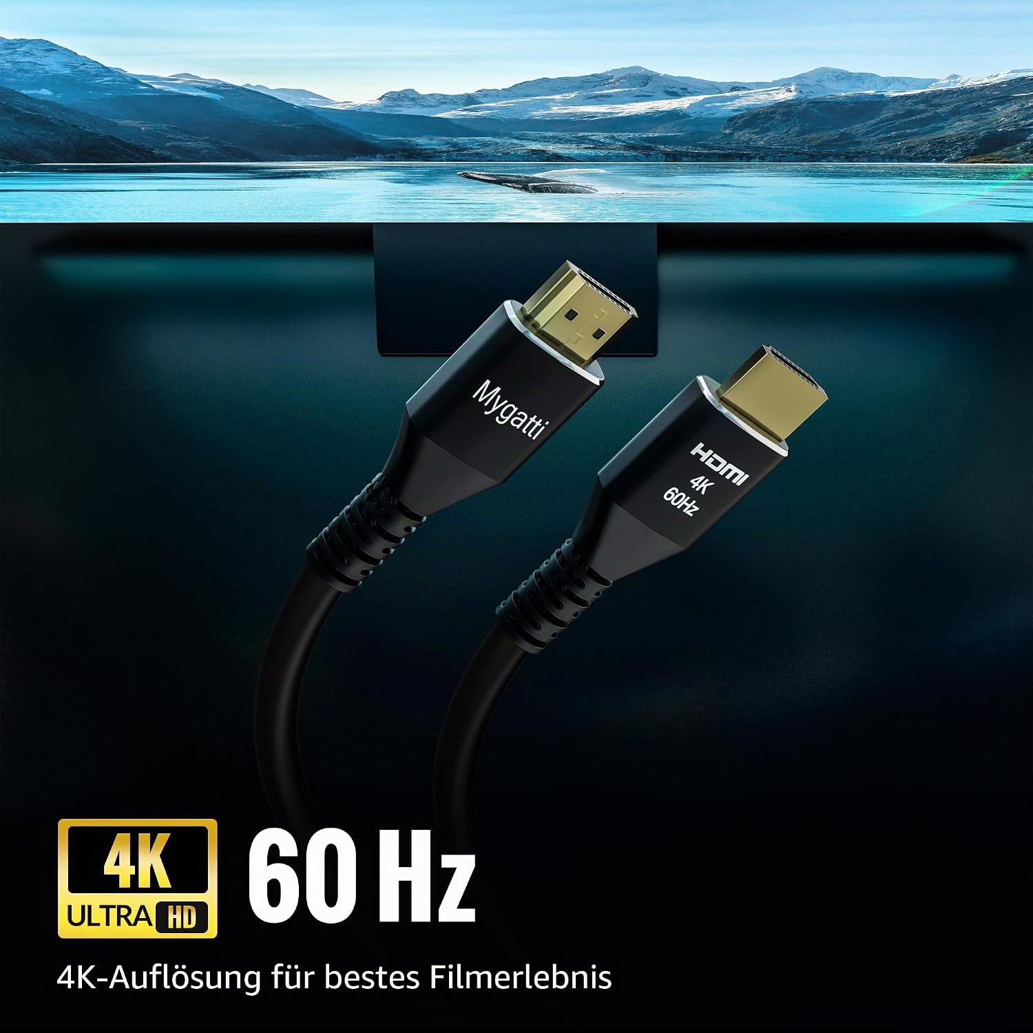 Detalle de Mygatti 4K Ultra HD HDMI 2.0 Kabel-Set (5 m, 5 Stück) mit rechtwinkligen Adaptern, vergoldeten Anschlüssen und Zubehör