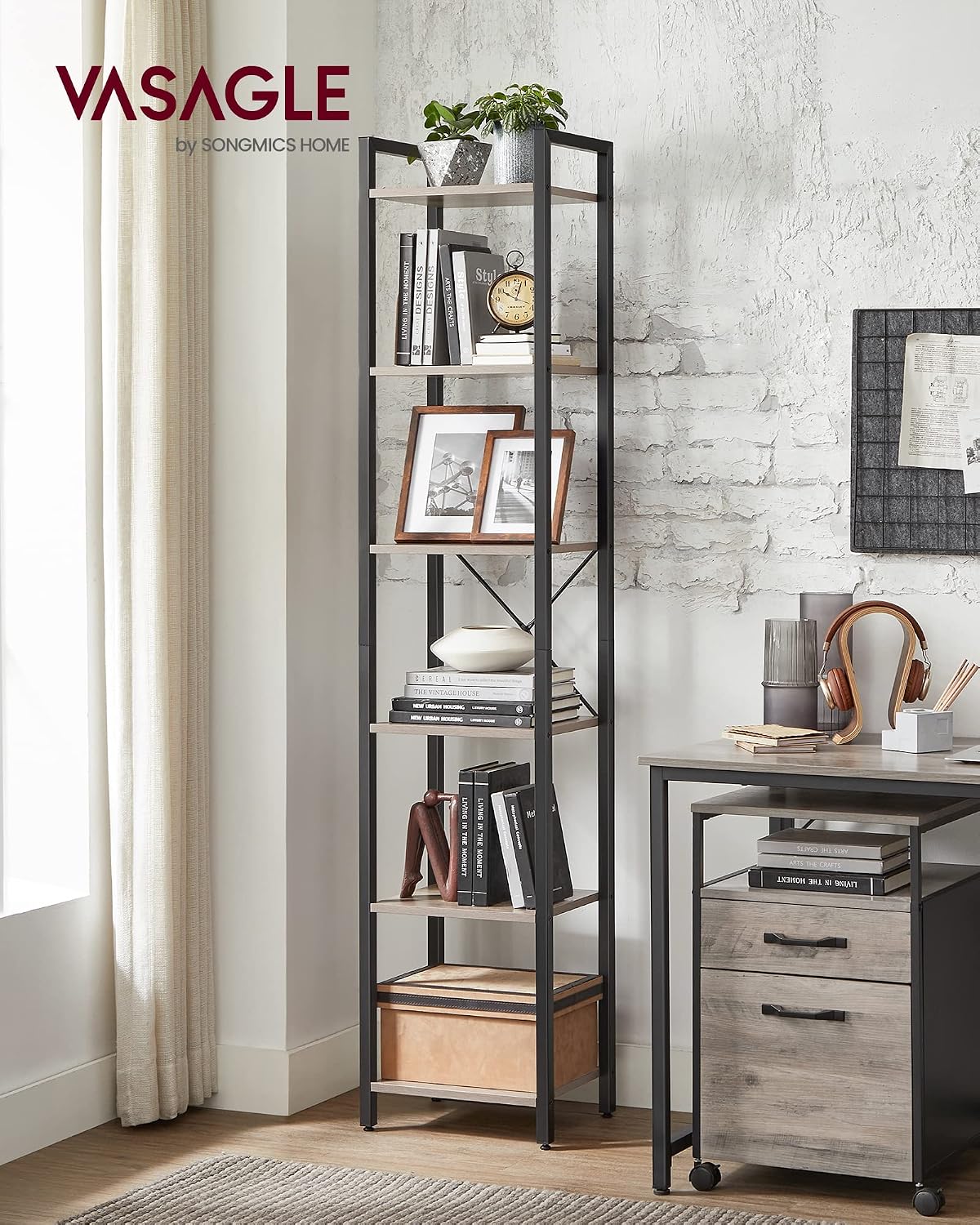 Detalle 2 de VASAGLE scaffale a 6 ripiani LLS101B02 stile industriale greige e nero, 30 x 40 x 186 cm