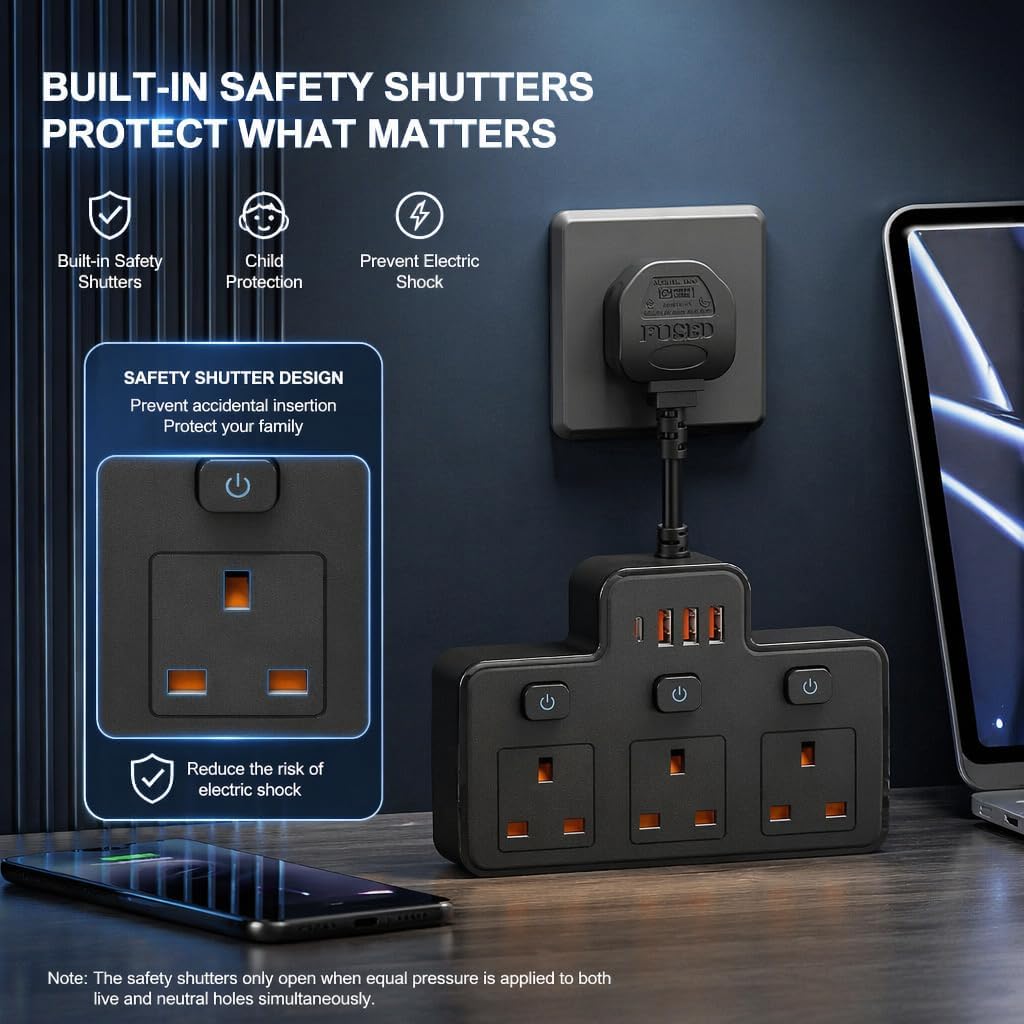 Thumbnail 4 de Multi Plug Extension with Flexible Plug (3 Way, 3 USB, Individual Switched, Black)
