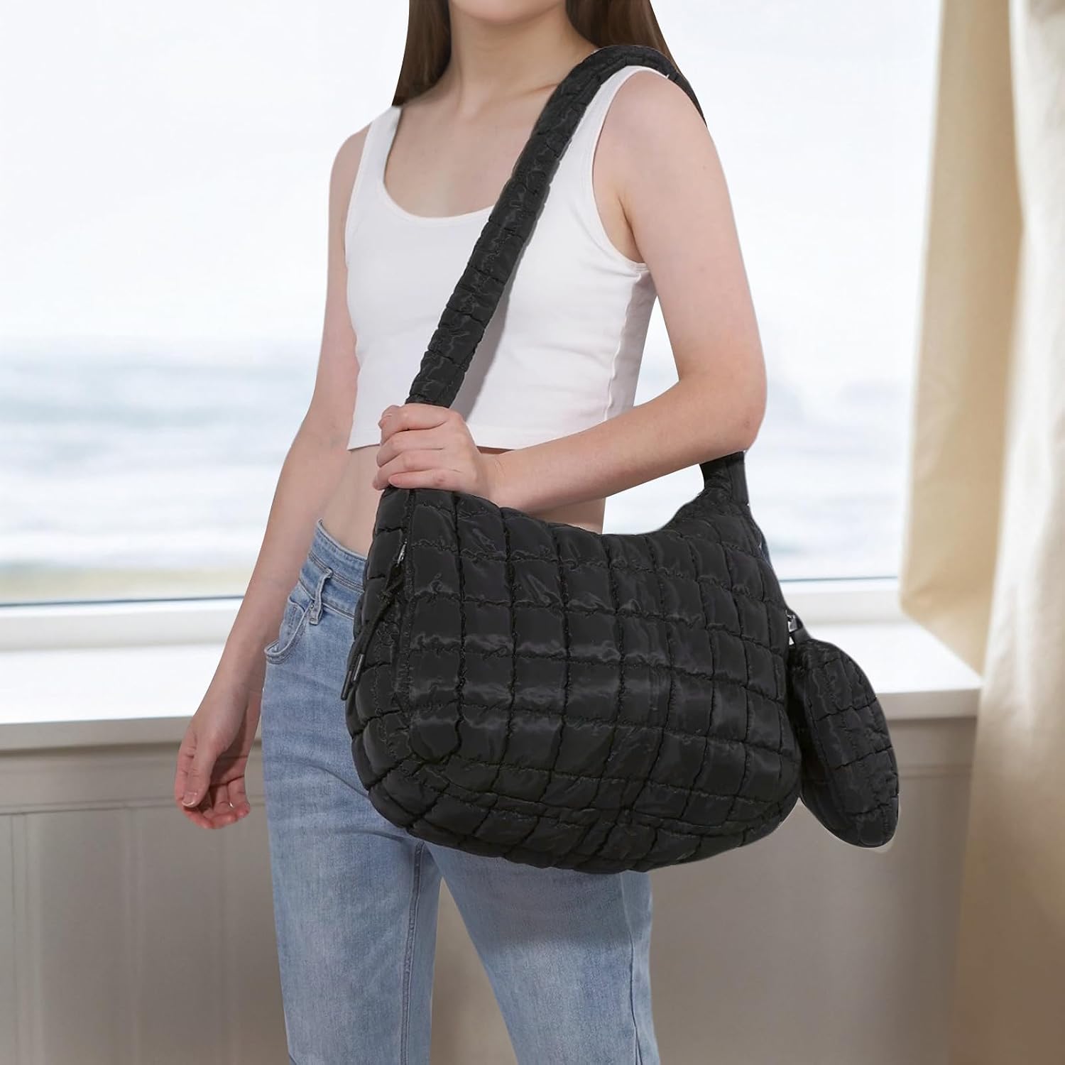 Thumbnail 6 de Jywmsc Große Puffersack-Tasche für Frauen – Gepolsterte Tote mit Reißverschluss und kleinem Beutel