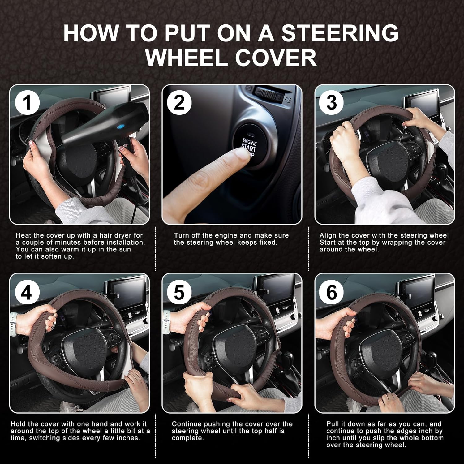 Thumbnail 6 de SEG Direct Steering Wheel Cover (37–39cm) Medium Size in Microfibre Leather, Non-Slip Coffee Brown