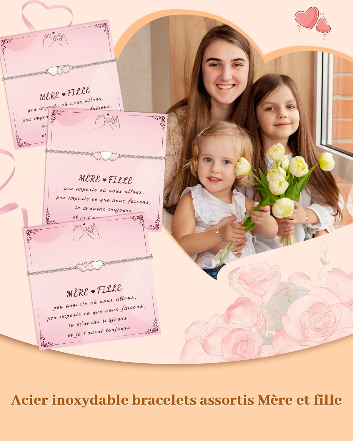 Thumbnail 4 de BOCHOI Bracelets Mère et Fille – Ensemble cœur en acier inoxydable, cadeau Fête des Mères