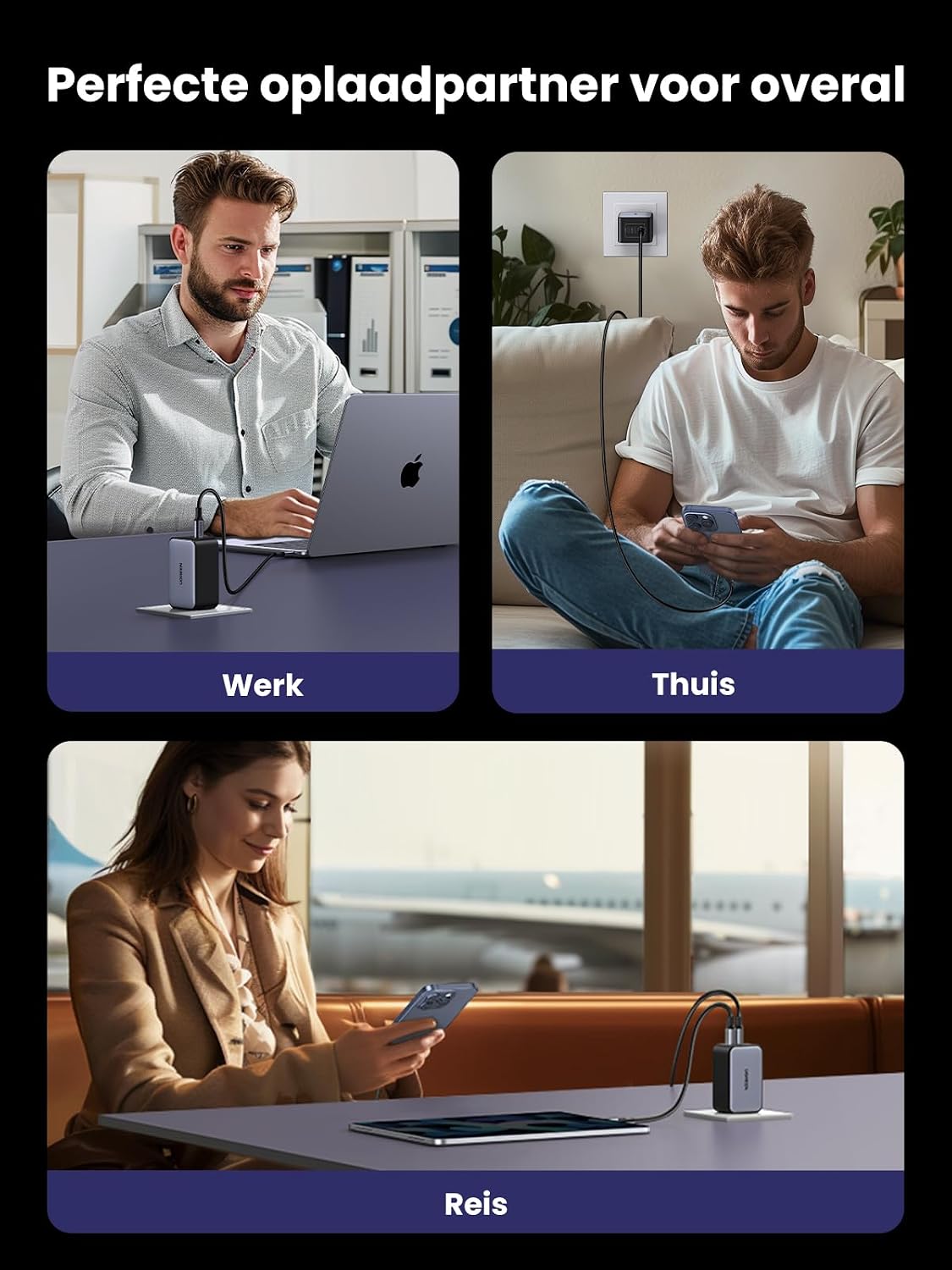Thumbnail 6 de UGREEN Nexode 65W USB-C-oplader met 3 poorten en GaN-technologie