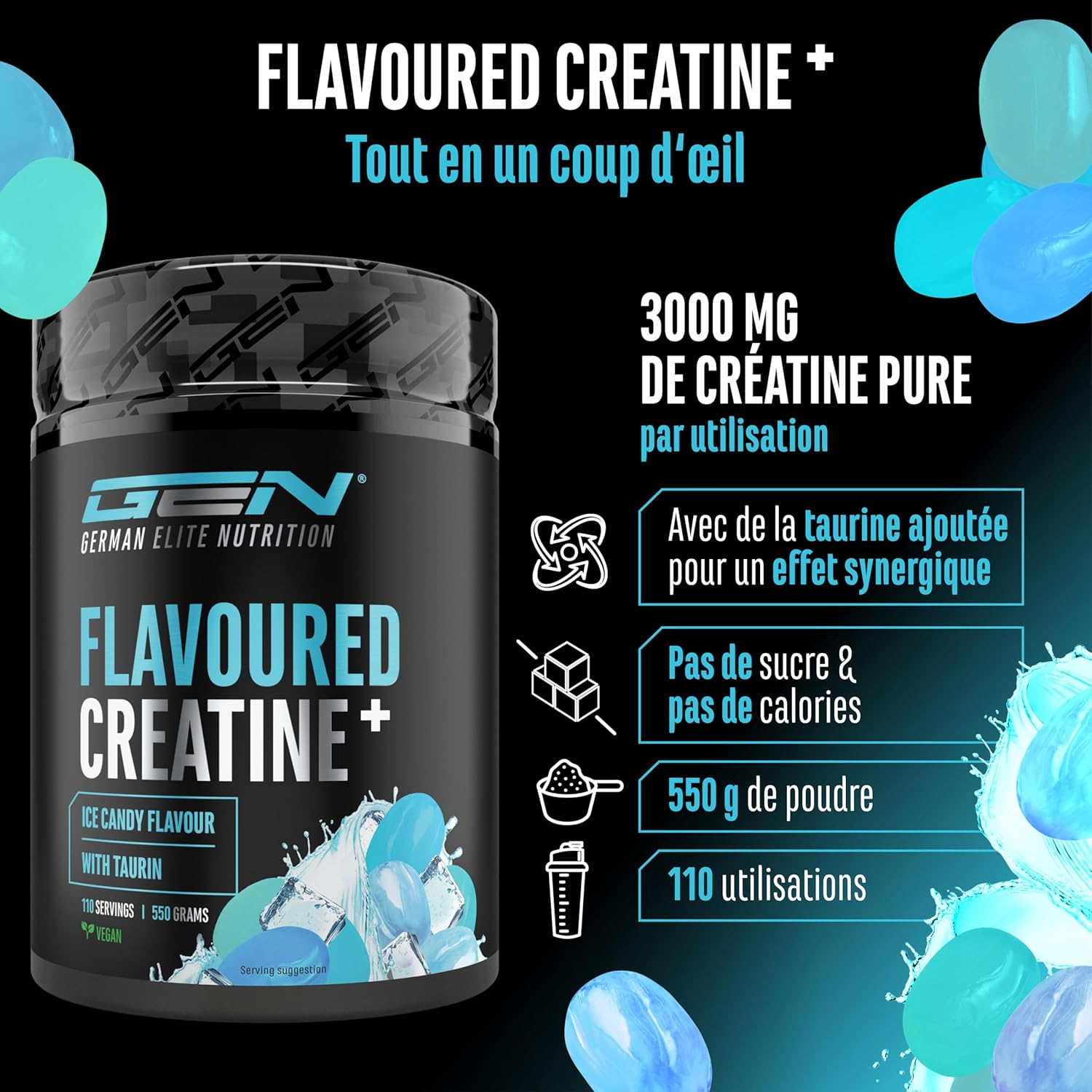 Thumbnail 1 de Flavoured Creatine poudre – 550 g, créatine monohydrate + L-taurine, aromatisée Ice Candy