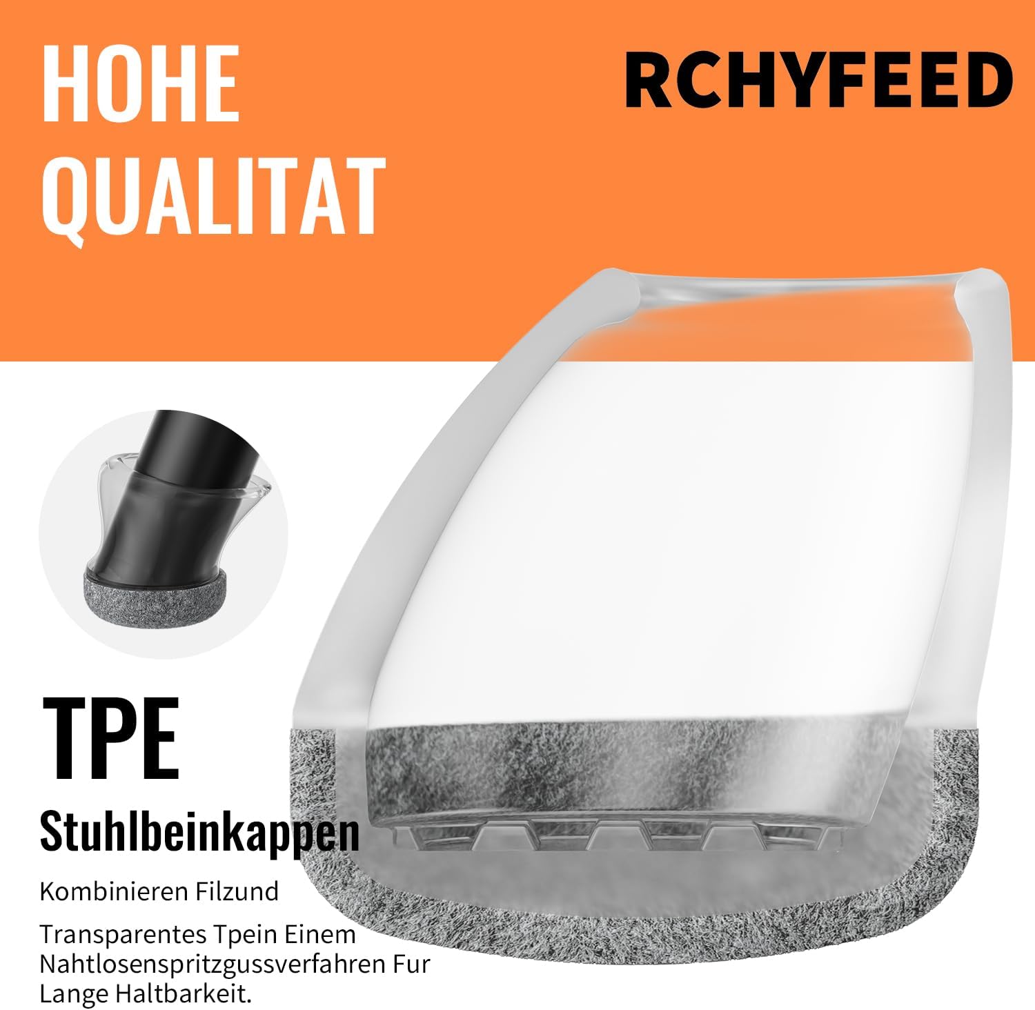 Thumbnail 2 de RCHYFEED Stuhlbeinkappen – Silikon-Filz-Schonschutz, 24 Stück, Transparent mit Graual Filz für 15–25° Stuhlbeine (14–20 mm)